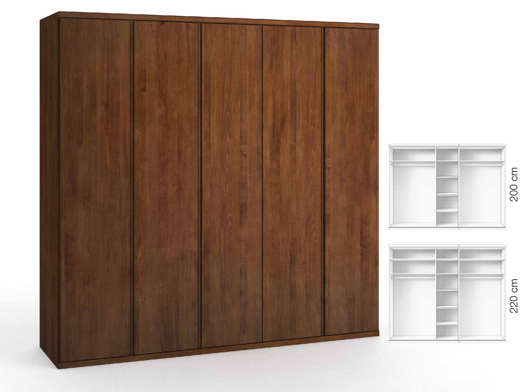 Buchenschrank Dunkel „Valentin“, 5-türig, Höhe 220 cm, Griffausführung „Patrizia“, Inneneinrichtung: B