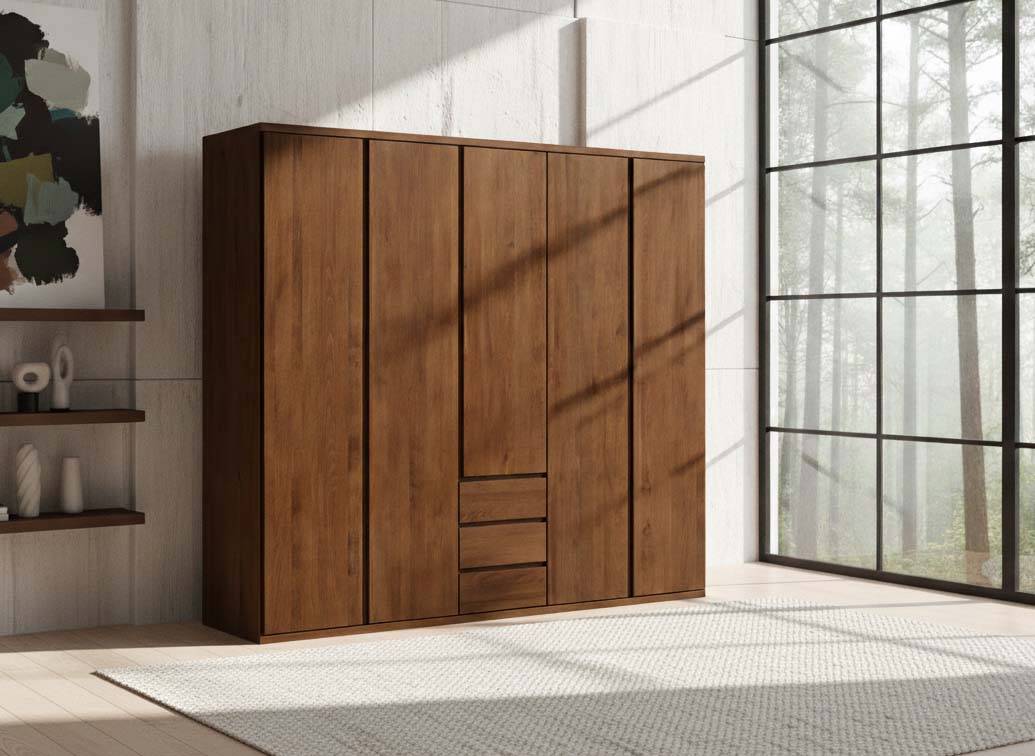 Buchenschrank Dunkel „Valentin“, 5-türig, Höhe 220 cm, Griffausführung „Patrizia“, Inneneinrichtung: E