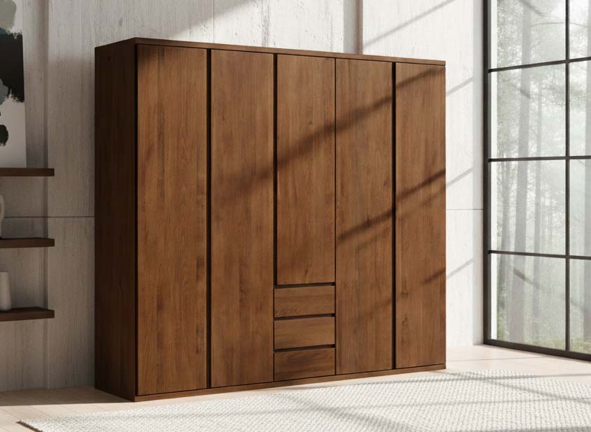 Buchenschrank Dunkel „Valentin“, 5-türig, Höhe 220 cm, Griffausführung „Patrizia“, Inneneinrichtung: E