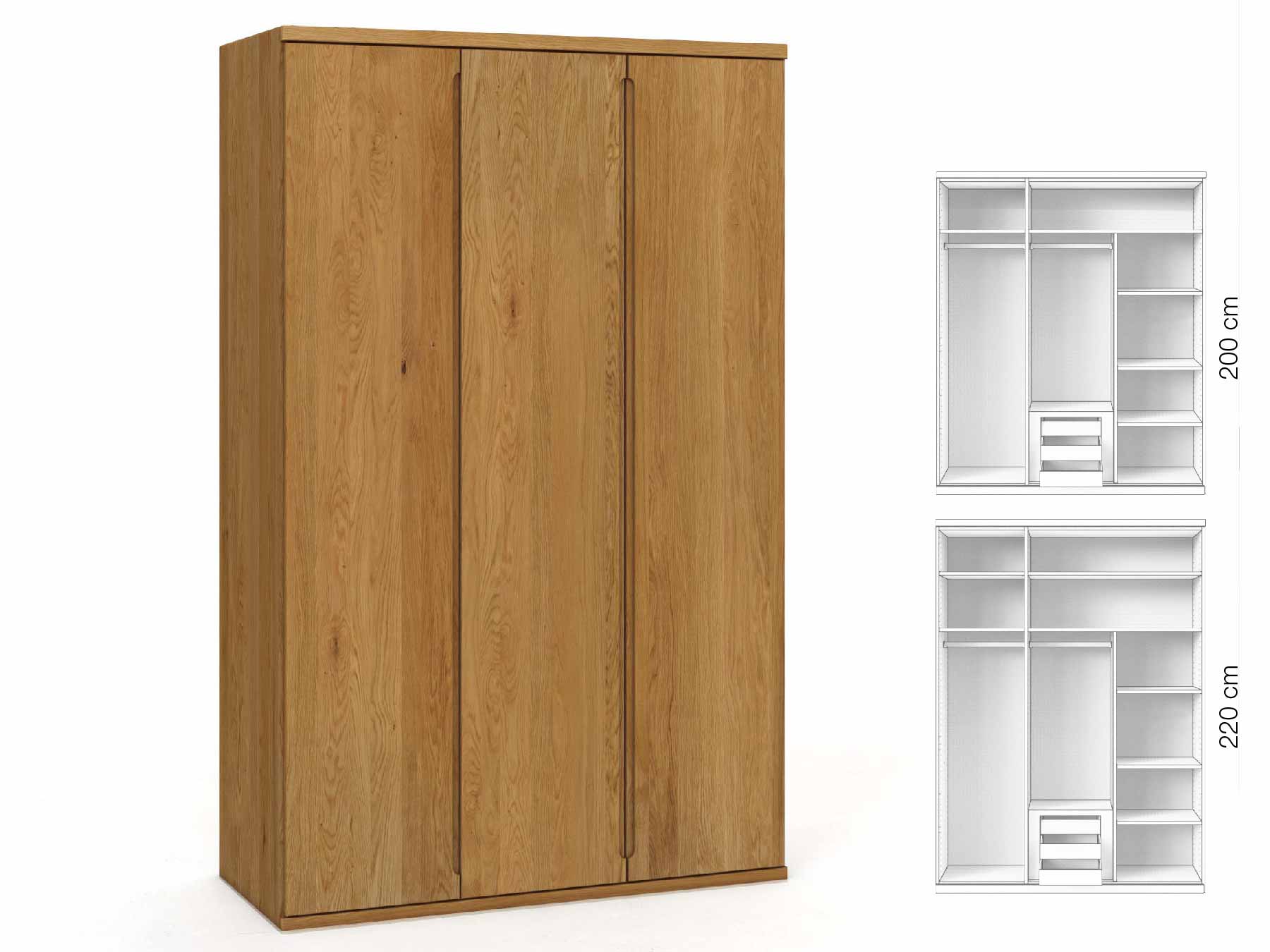 Eichenschrank „Valentin“, 3-türig, Höhe 220 cm, Griffausführung „Lukas“, Inneneinrichtung: D