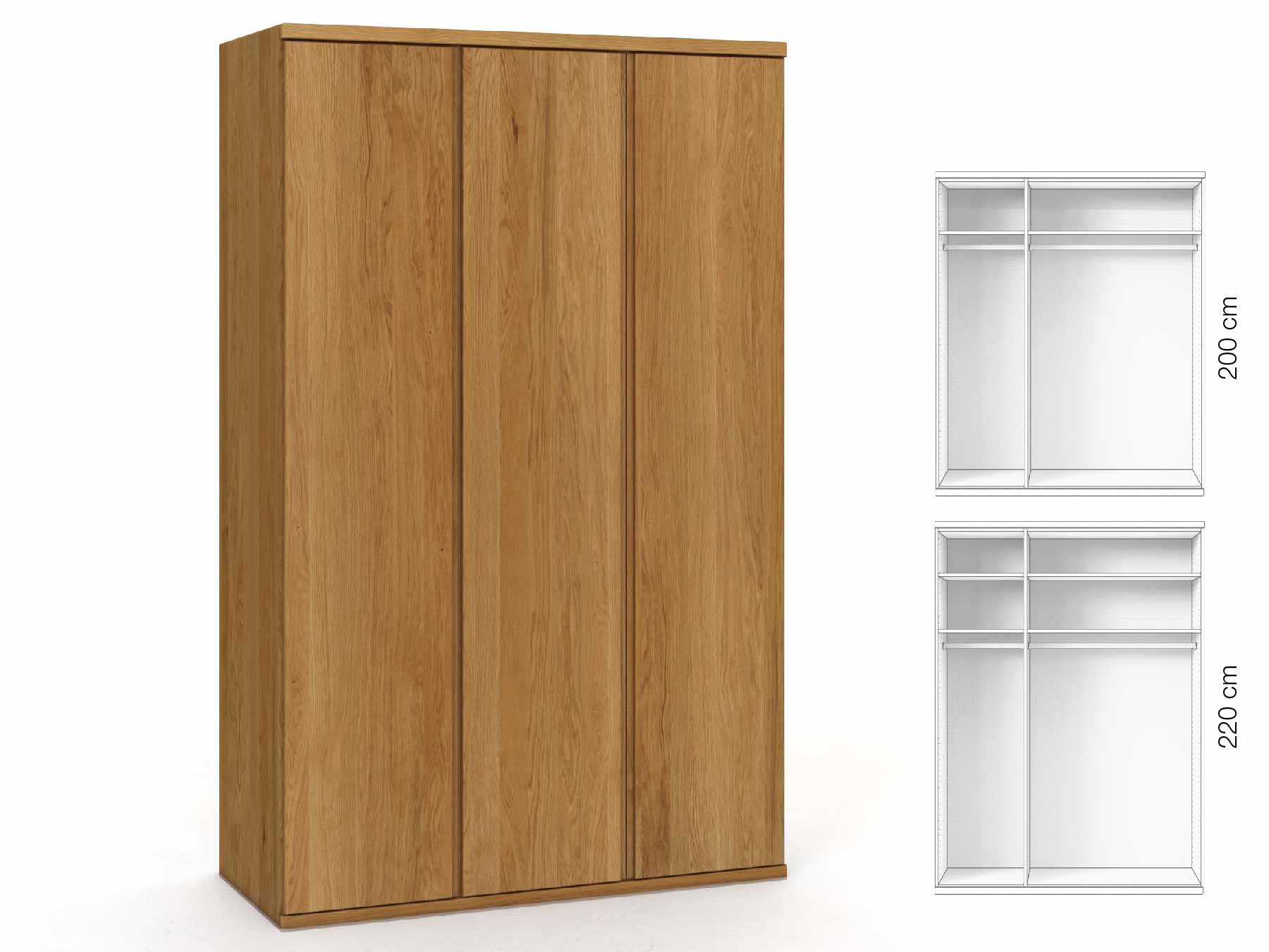 Eichenschrank „Valentin“, 3-türig, Höhe 220 cm, Griffausführung „Patrizia“, Inneneinrichtung: A