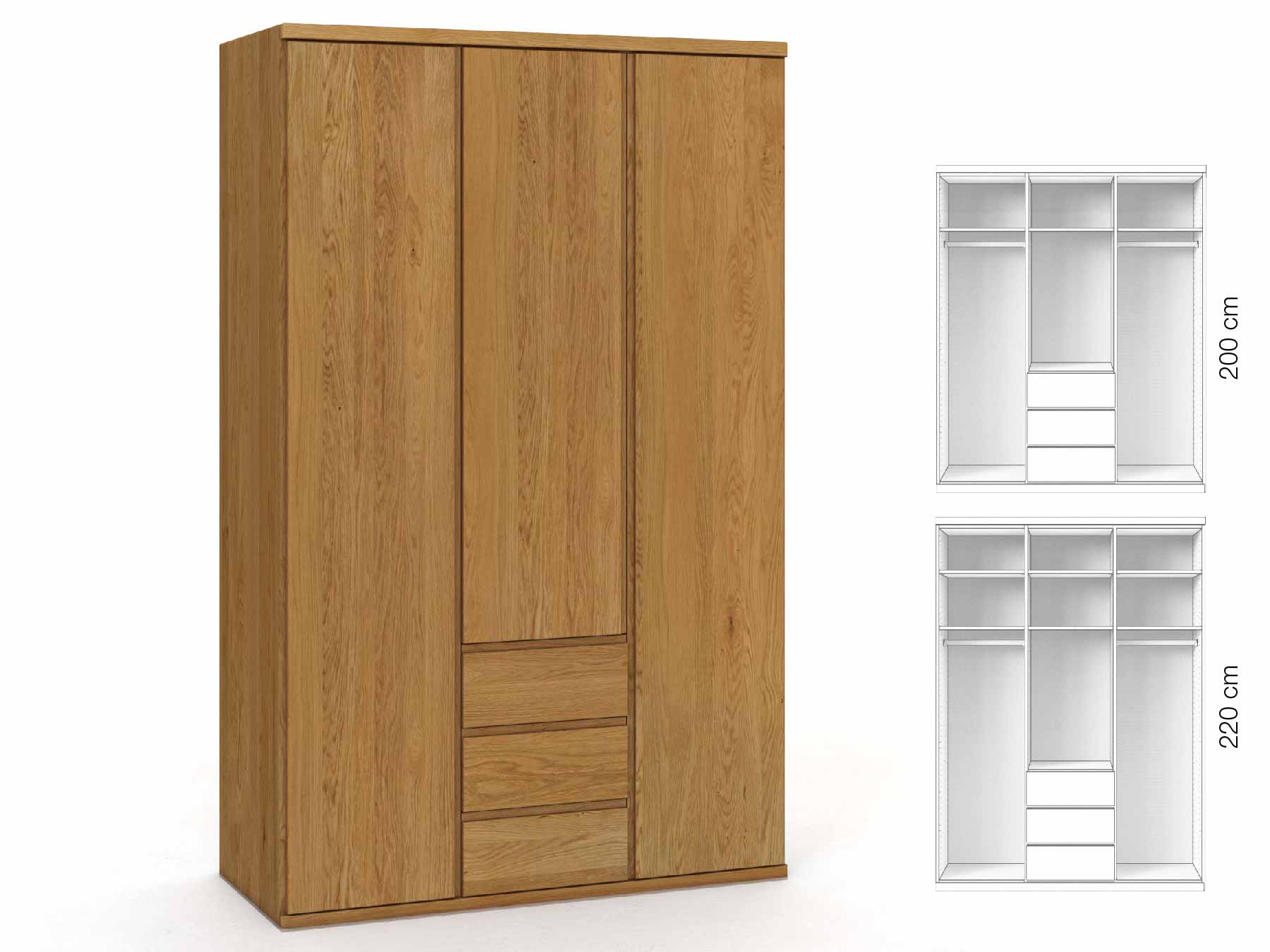 Eichenschrank „Valentin“, 3-türig, Höhe 220 cm, Griffausführung „Patrizia“, Inneneinrichtung: E