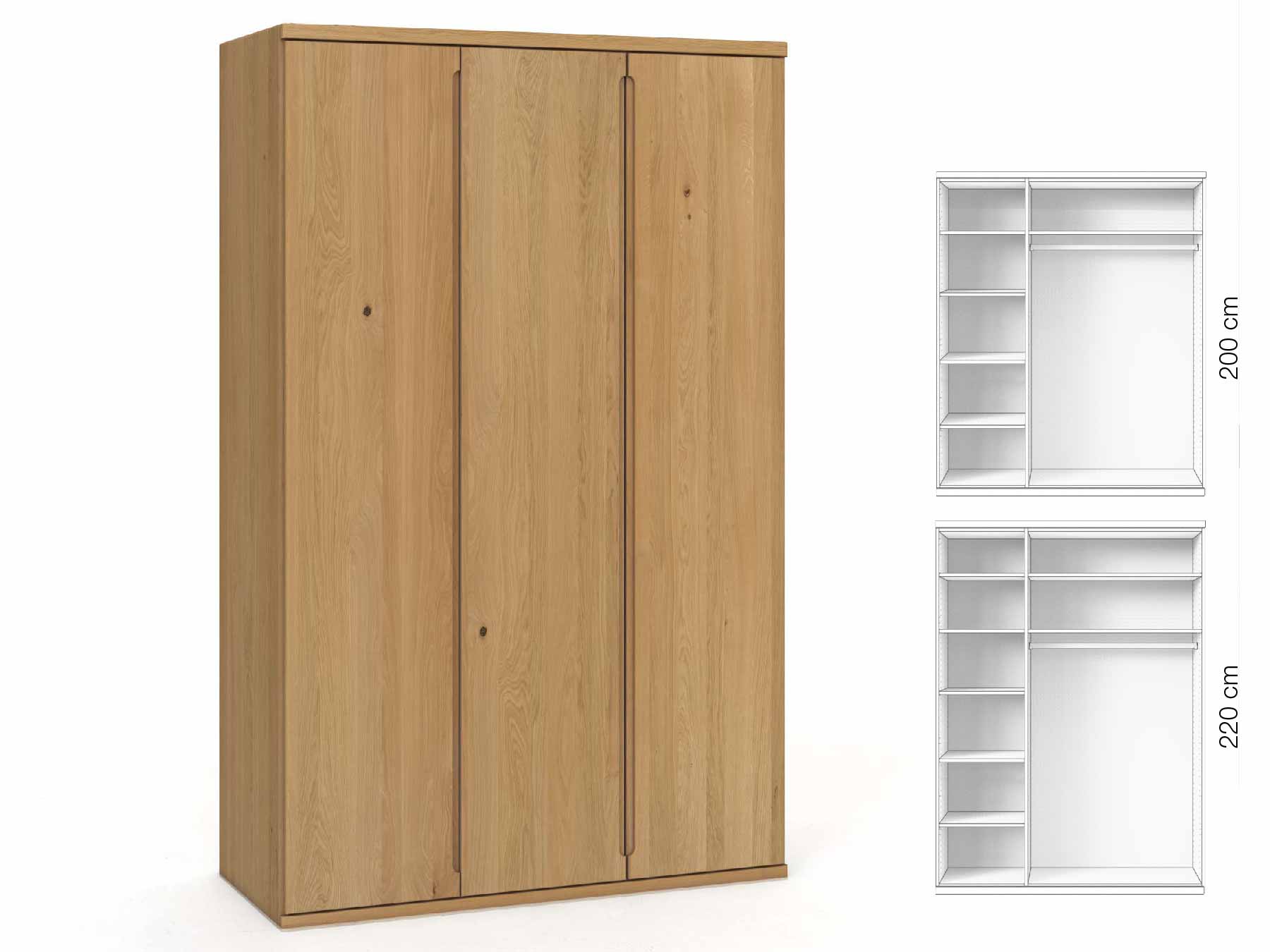 Eichenschrank Hell „Valentin“, 3-türig, Höhe 220 cm, Griffausführung „Lukas“, Inneneinrichtung: B
