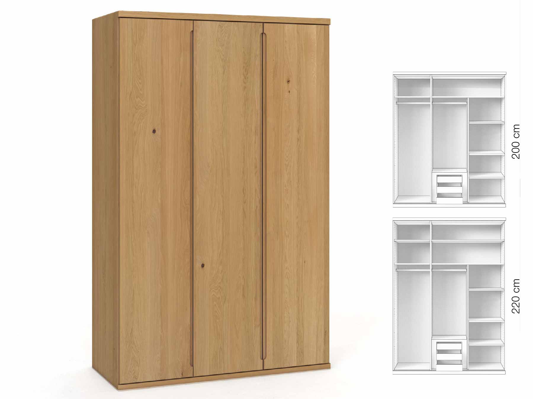 Eichenschrank Hell „Valentin“, 3-türig, Höhe 220 cm, Griffausführung „Lukas“, Inneneinrichtung: D