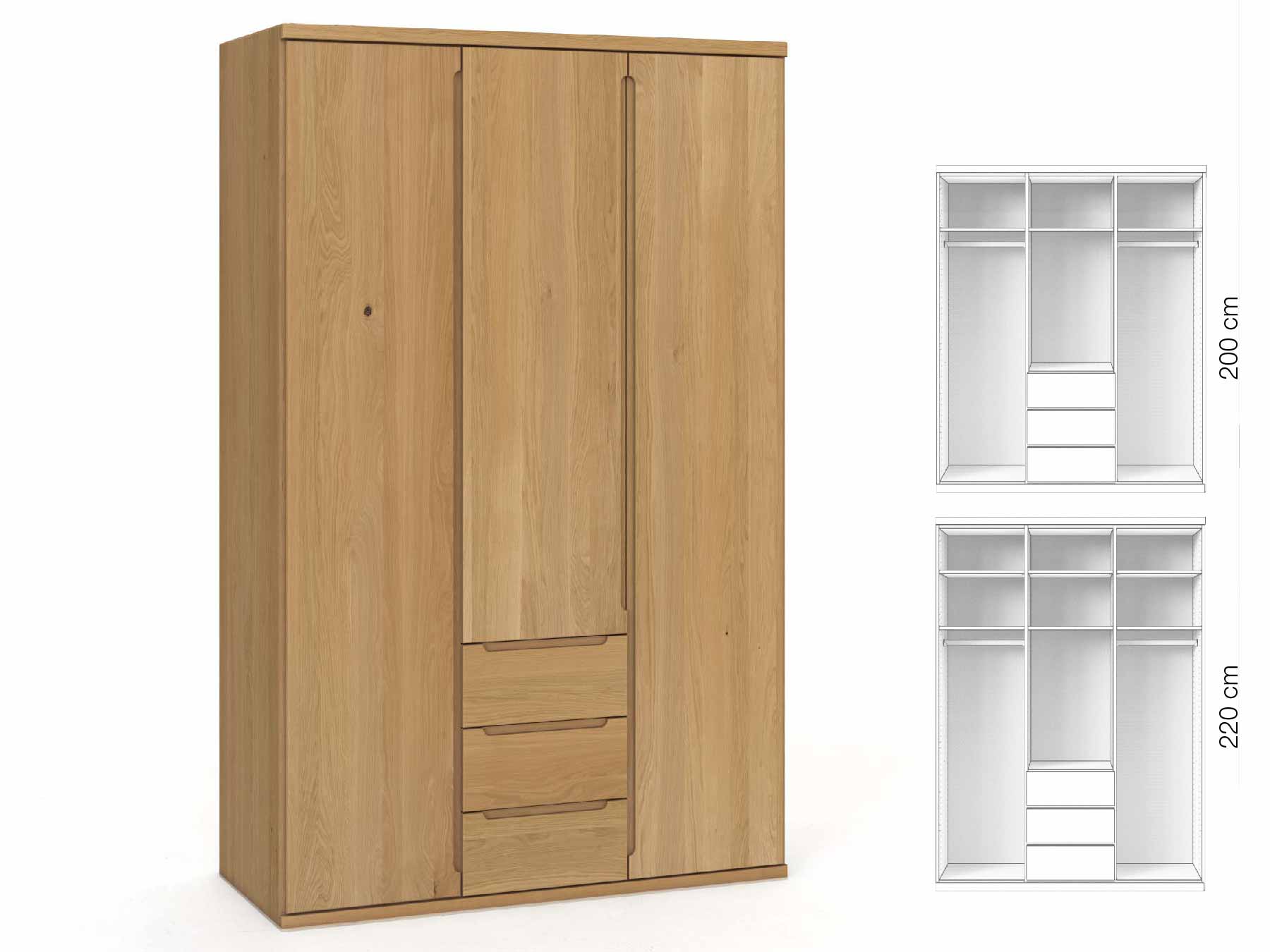 Eichenschrank Hell „Valentin“, 3-türig, Höhe 220 cm, Griffausführung „Lukas“, Inneneinrichtung: E