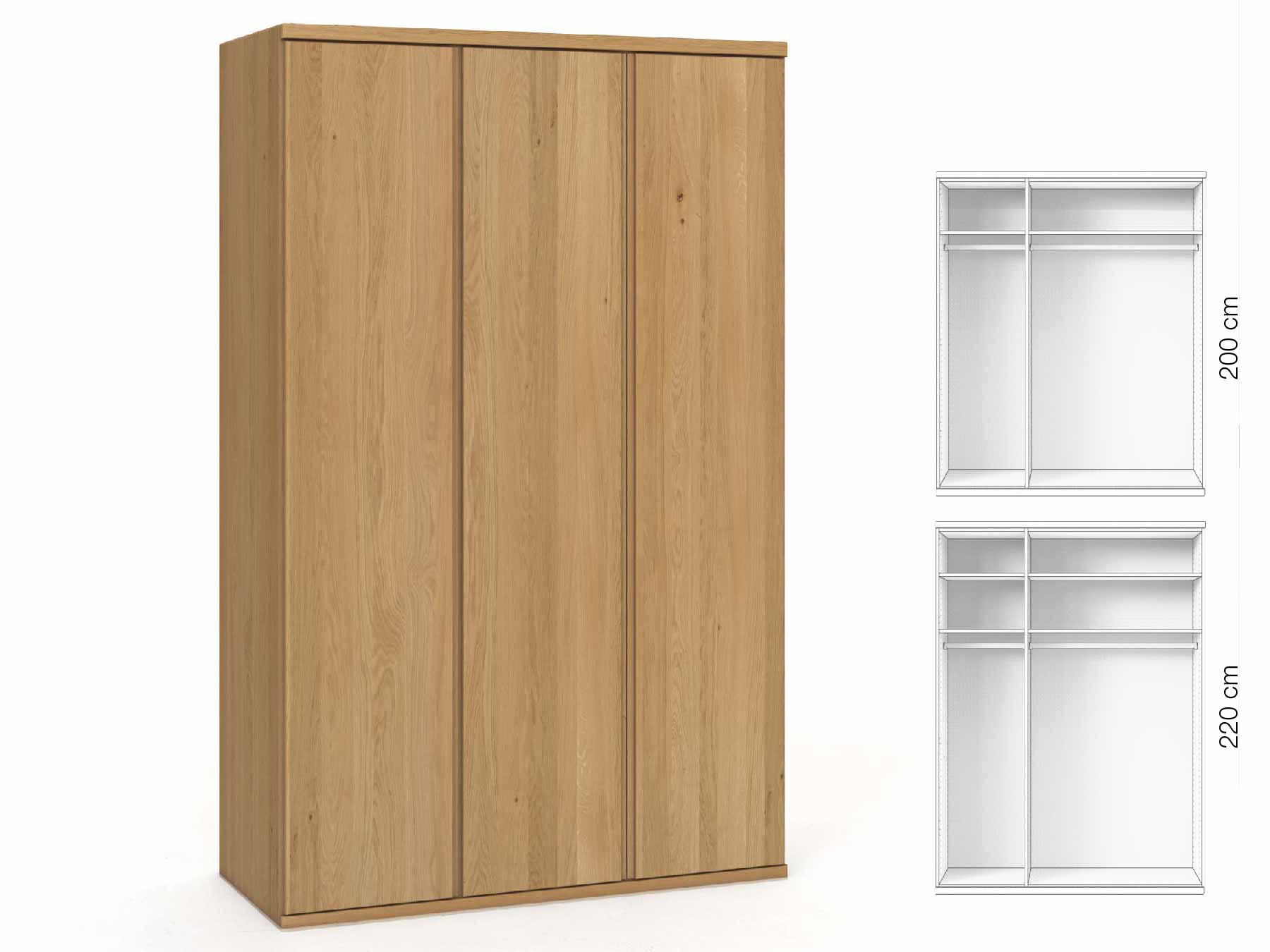 Eichenschrank Hell „Valentin“, 3-türig, Höhe 220 cm, Griffausführung „Patrizia“, Inneneinrichtung: A