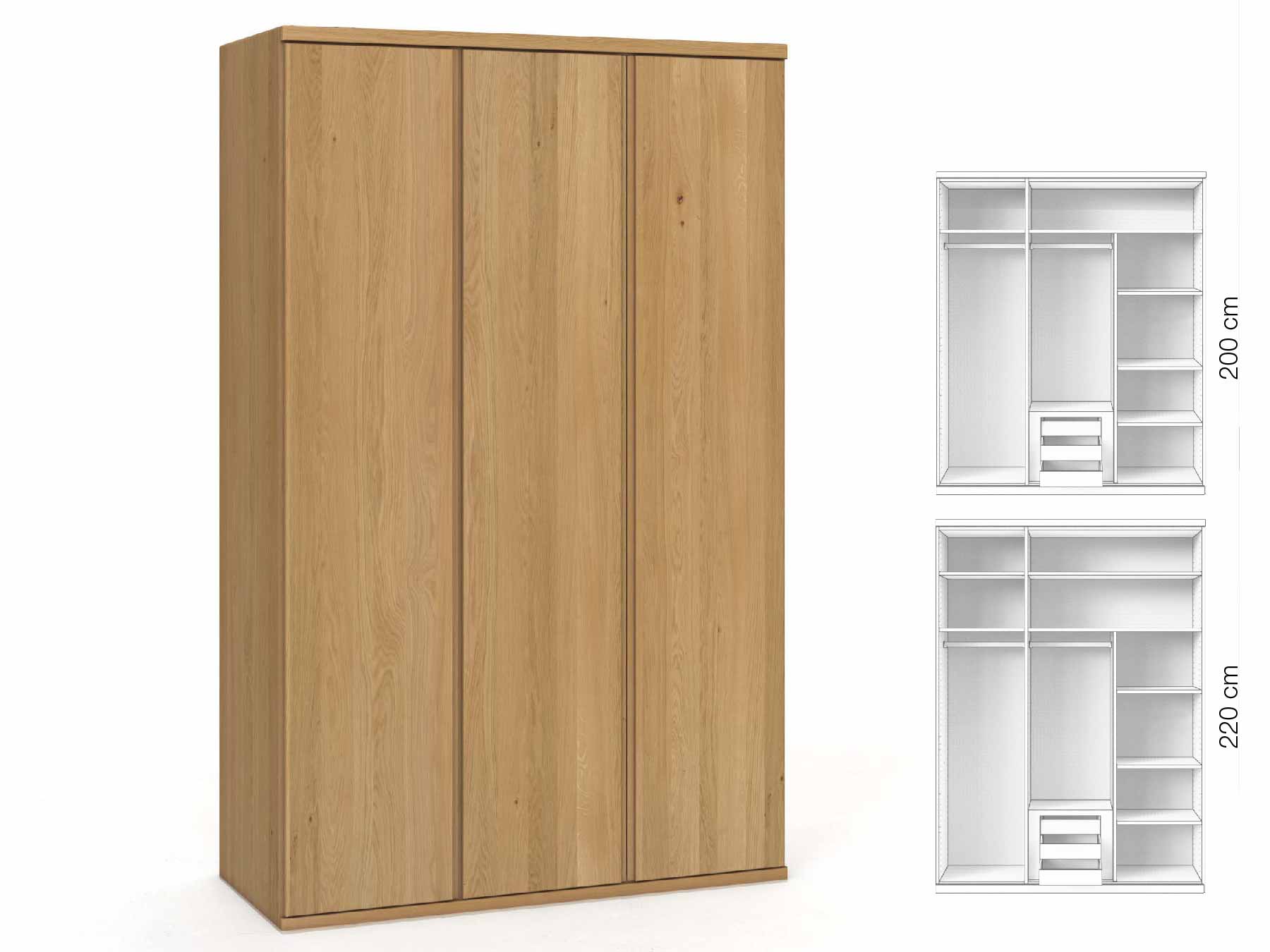 Eichenschrank Hell „Valentin“, 3-türig, Höhe 220 cm, Griffausführung „Patrizia“, Inneneinrichtung: D