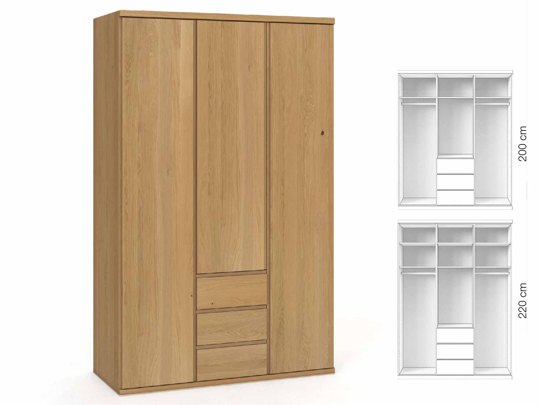 Eichenschrank Hell „Valentin“, 3-türig, Höhe 220 cm, Griffausführung „Patrizia“, Inneneinrichtung: E