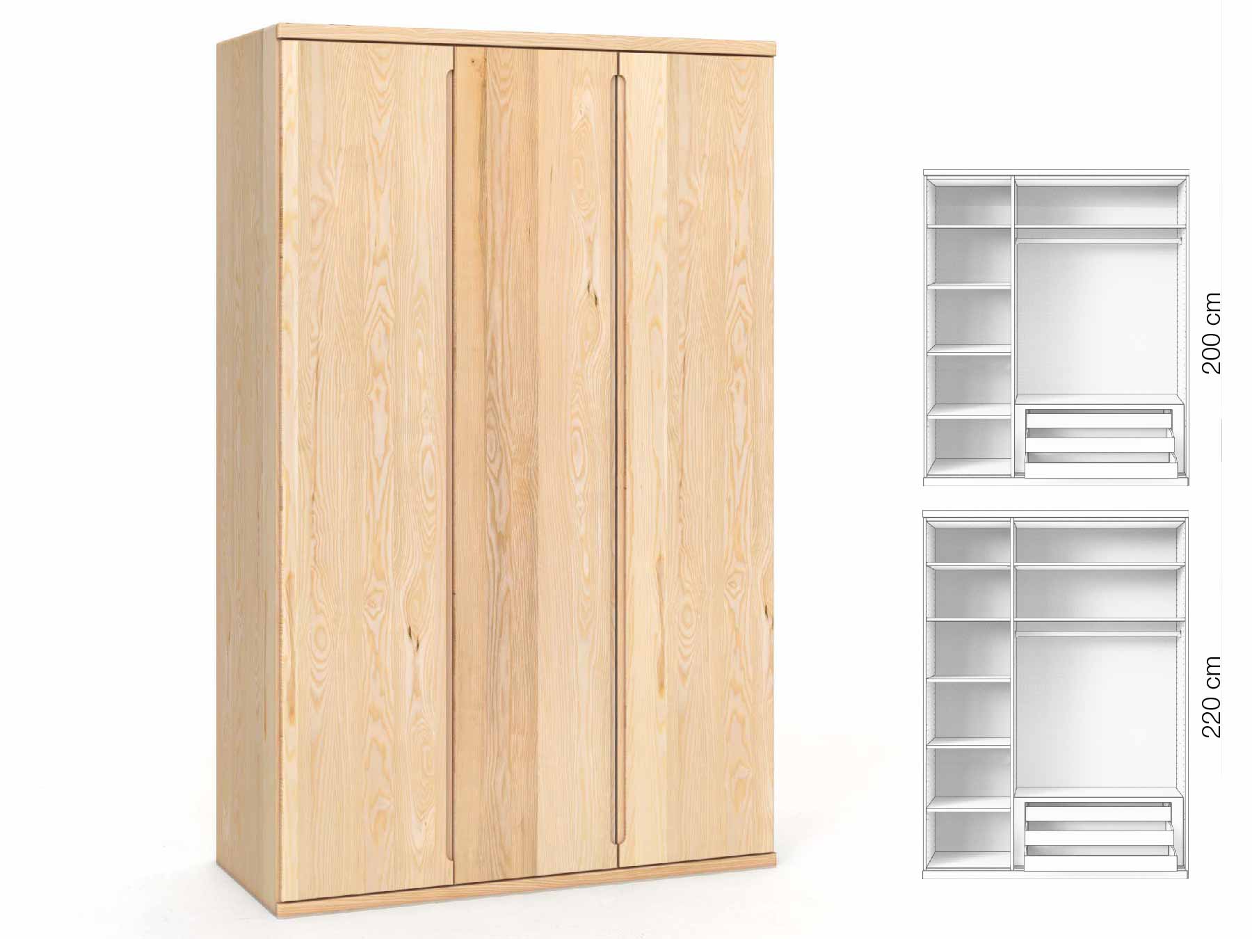 Eschenschrank „Valentin“, 3-türig, Höhe 220 cm, Griffausführung „Lukas“, Inneneinrichtung: C