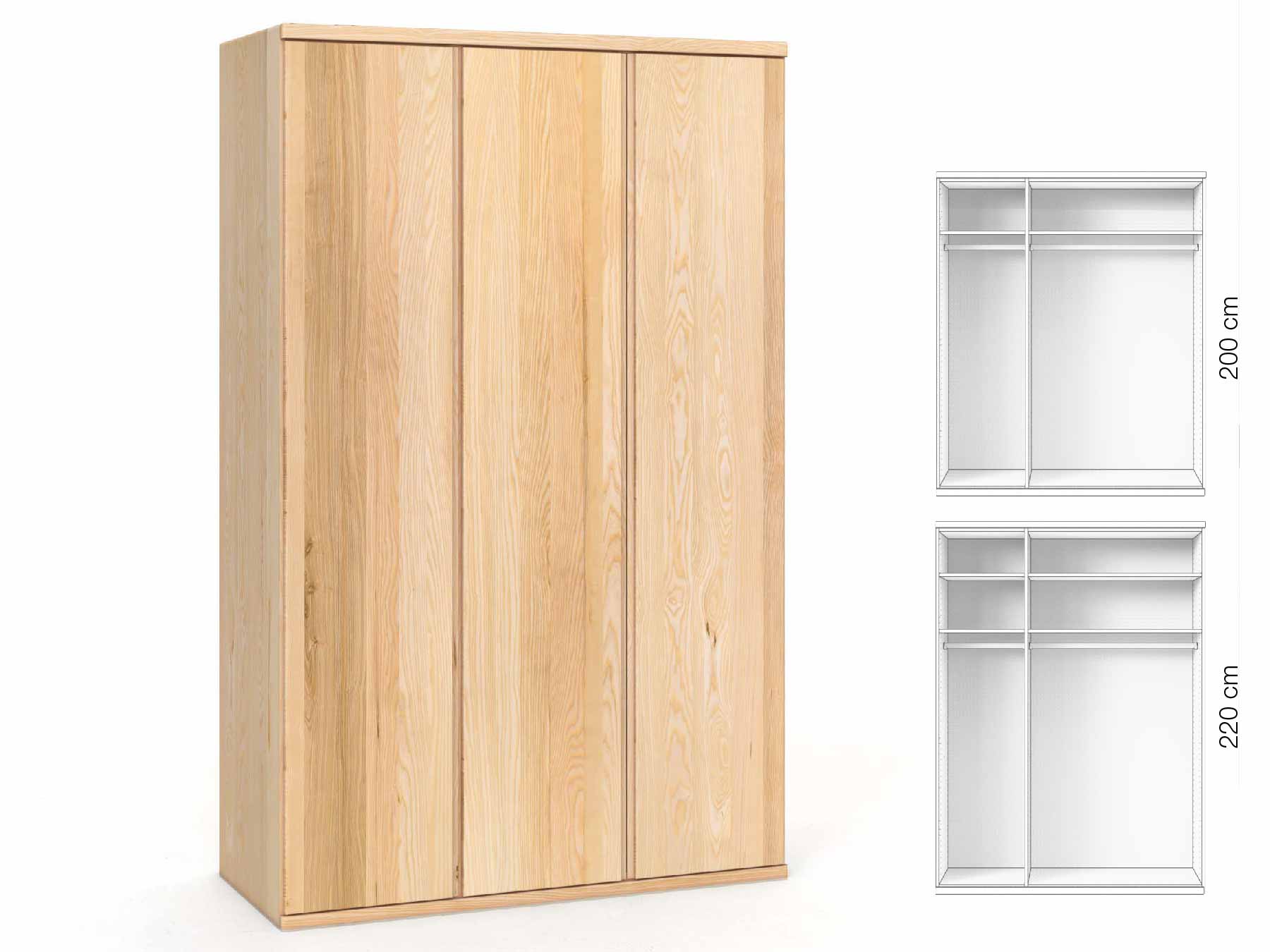 Eschenschrank „Valentin“, 3-türig, Höhe 220 cm, Griffausführung „Patrizia“, Inneneinrichtung: A