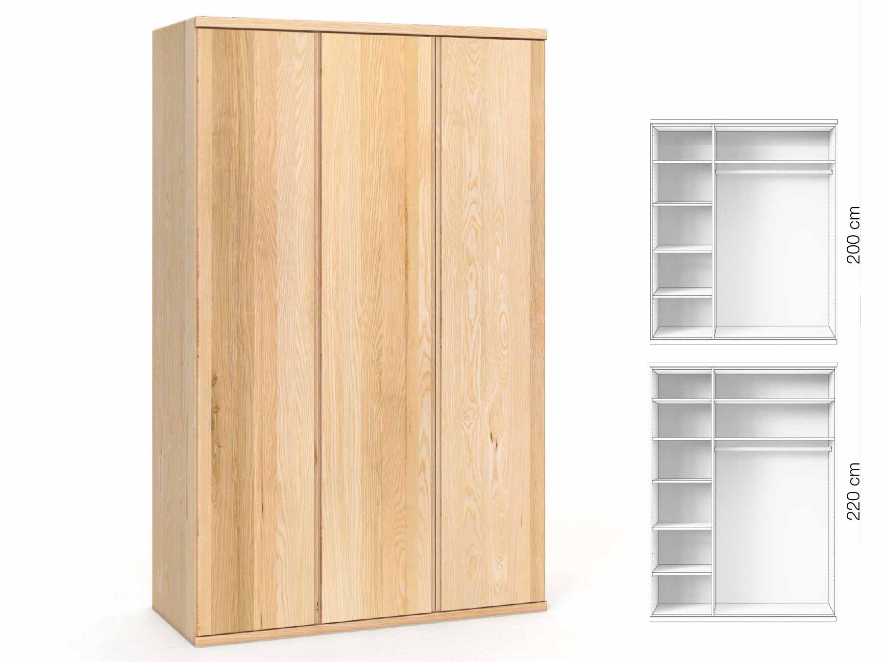 Eschenschrank „Valentin“, 3-türig, Höhe 220 cm, Griffausführung „Patrizia“, Inneneinrichtung: B