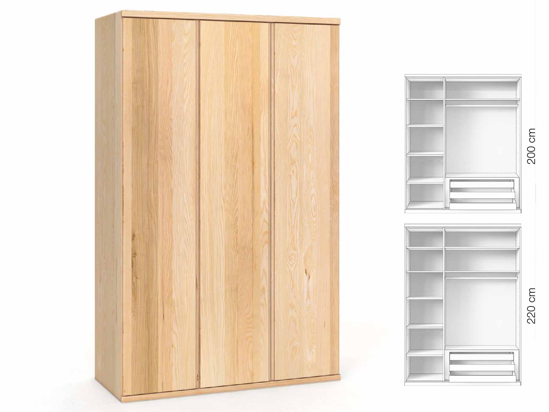 Eschenschrank „Valentin“, 3-türig, Höhe 220 cm, Griffausführung „Patrizia“, Inneneinrichtung: C