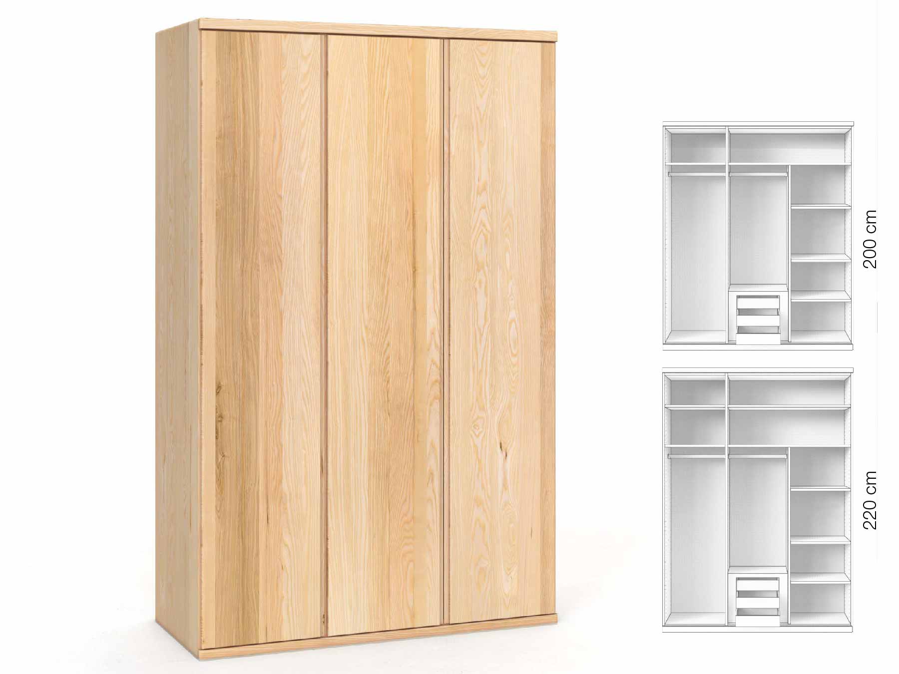 Eschenschrank „Valentin“, 3-türig, Höhe 220 cm, Griffausführung „Patrizia“, Inneneinrichtung: D