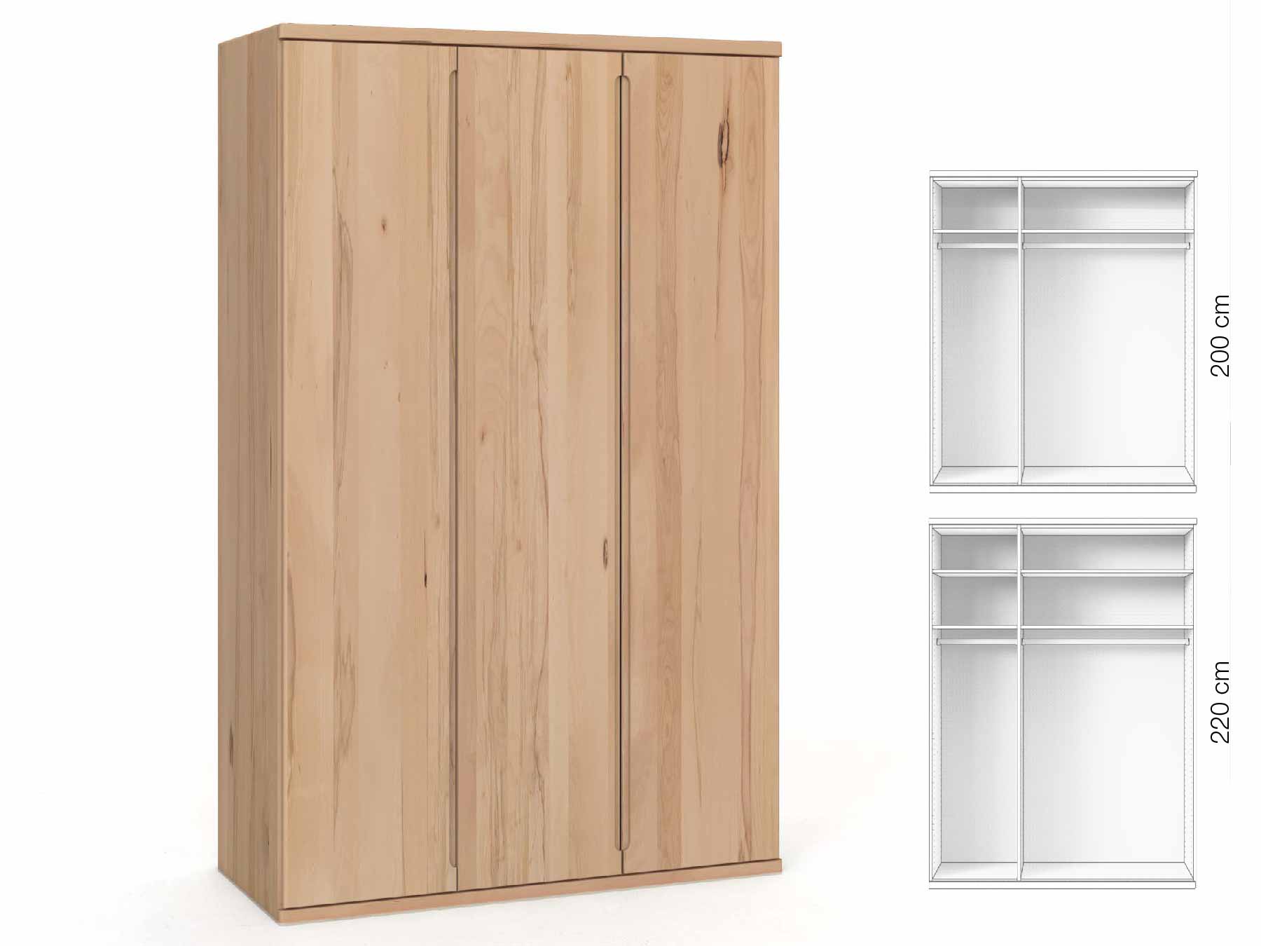 Buchenschrank „Valentin“, 3-türig, Höhe 220 cm, Griffausführung „Lukas“, Inneneinrichtung: A