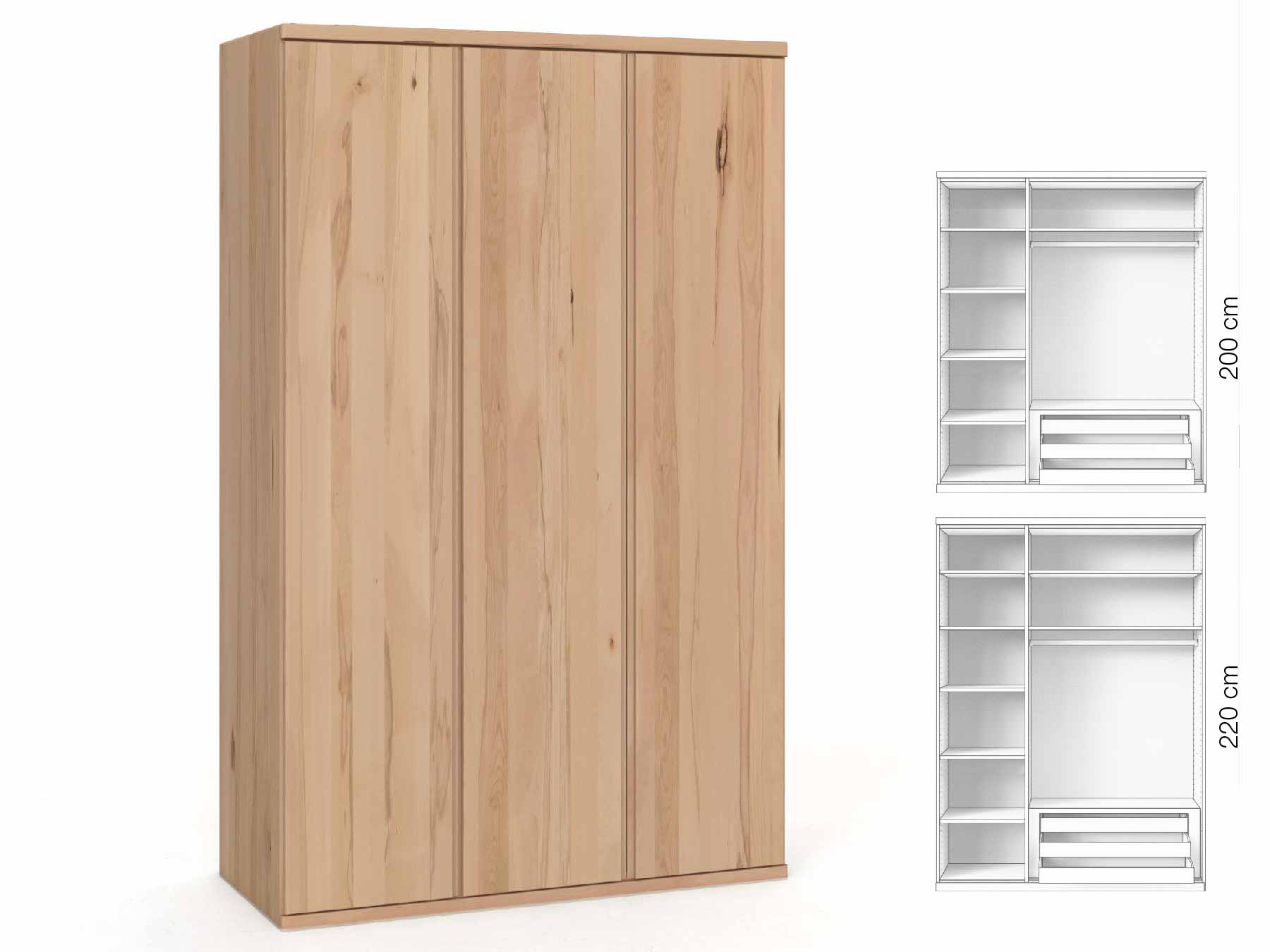 Buchenschrank „Valentin“, 3-türig, Höhe 220 cm, Griffausführung „Patrizia“, Inneneinrichtung: C