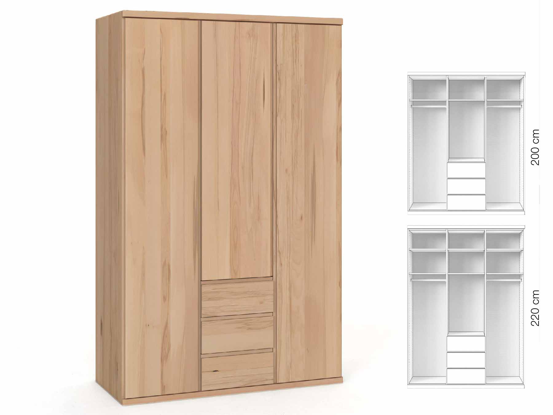 Buchenschrank „Valentin“, 3-türig, Höhe 220 cm, Griffausführung „Patrizia“, Inneneinrichtung: E