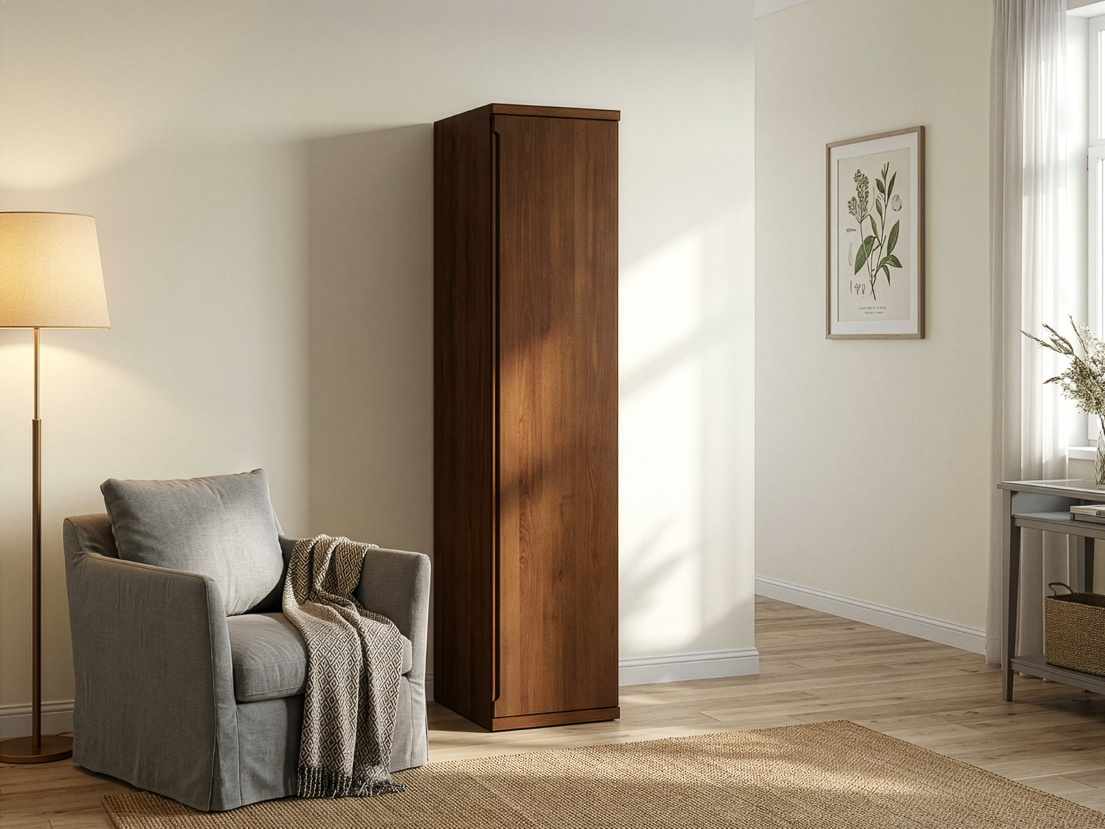 Buchenschrank Dunkel „Valentin“, 1-türig, Höhe 220 cm, Griffausführung „Lukas“, Inneneinrichtung: A, Türanschlag rechts