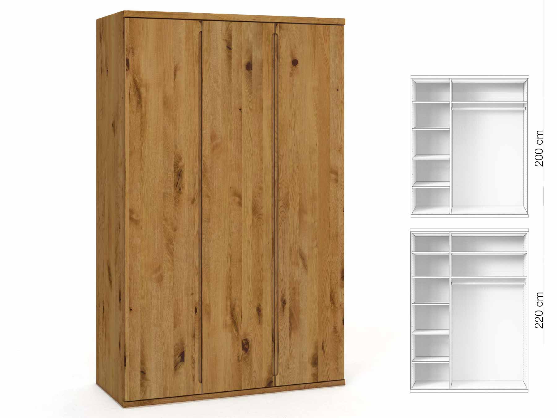 Wildeichenschrank „Valentin“, 3-türig, Höhe 220 cm, Griffausführung „Lukas“, Inneneinrichtung: B