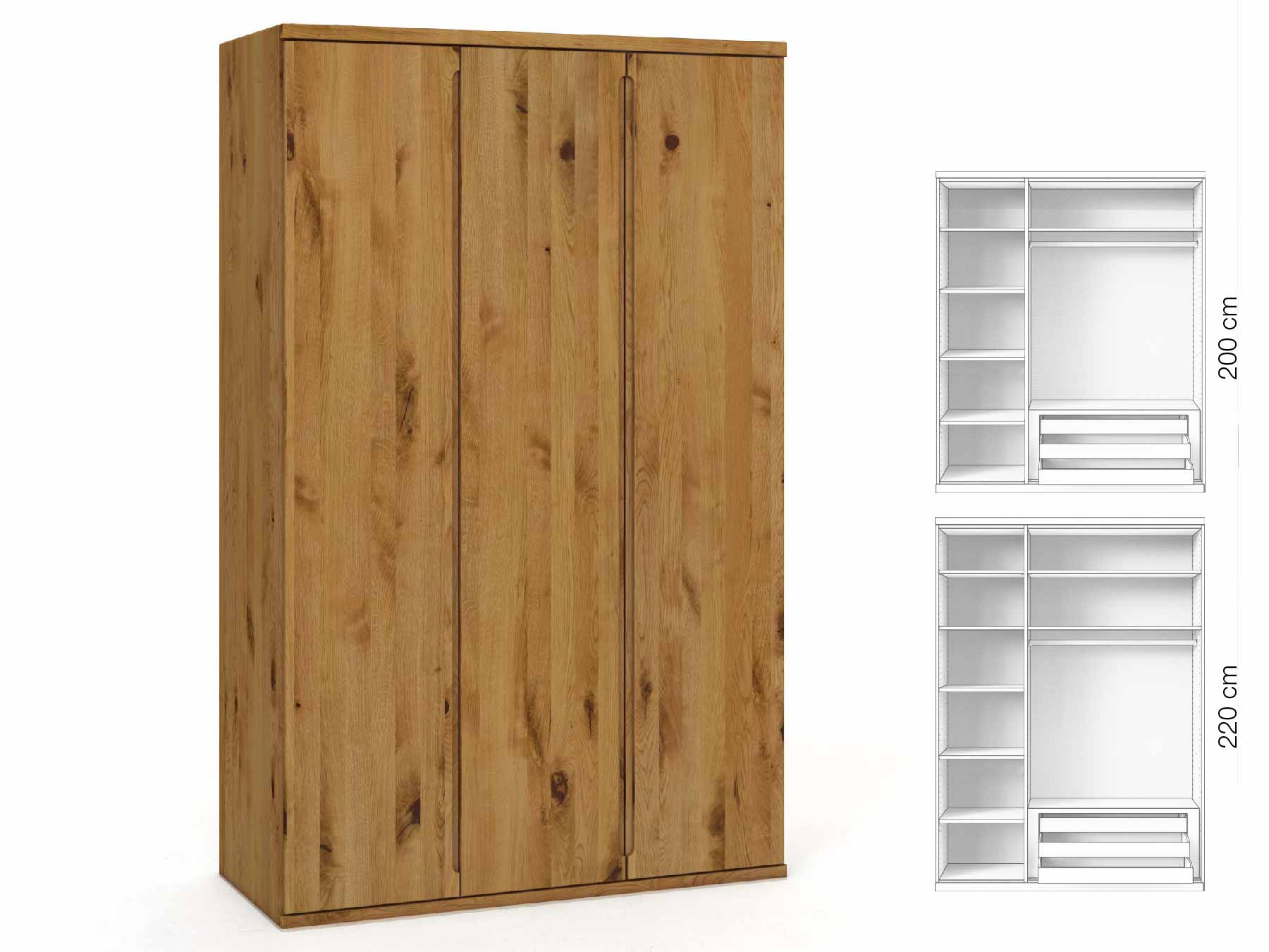 Wildeichenschrank „Valentin“, 3-türig, Höhe 220 cm, Griffausführung „Lukas“, Inneneinrichtung: C