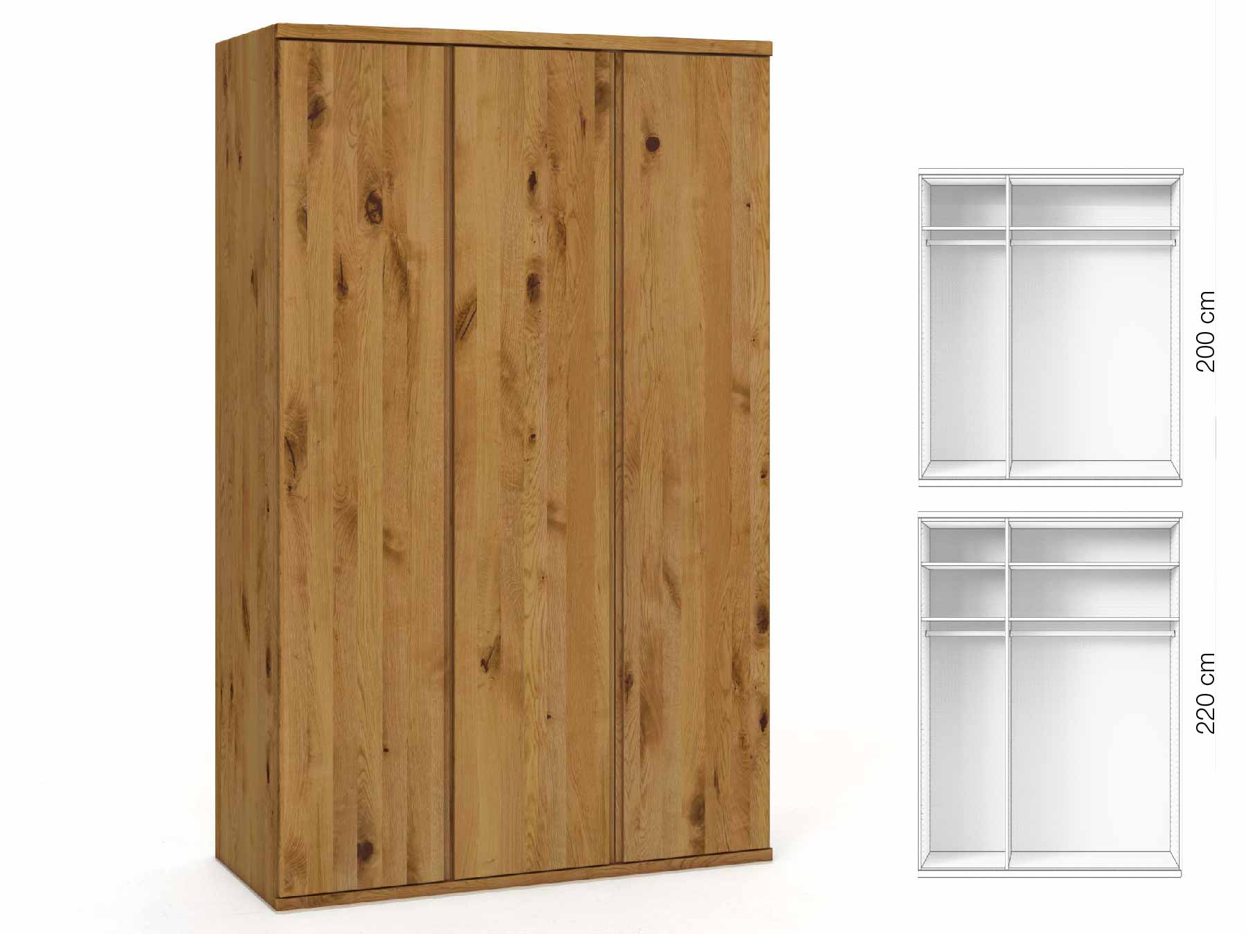 Wildeichenschrank „Valentin“, 3-türig, Höhe 220 cm, Griffausführung „Patrizia“, Inneneinrichtung: A