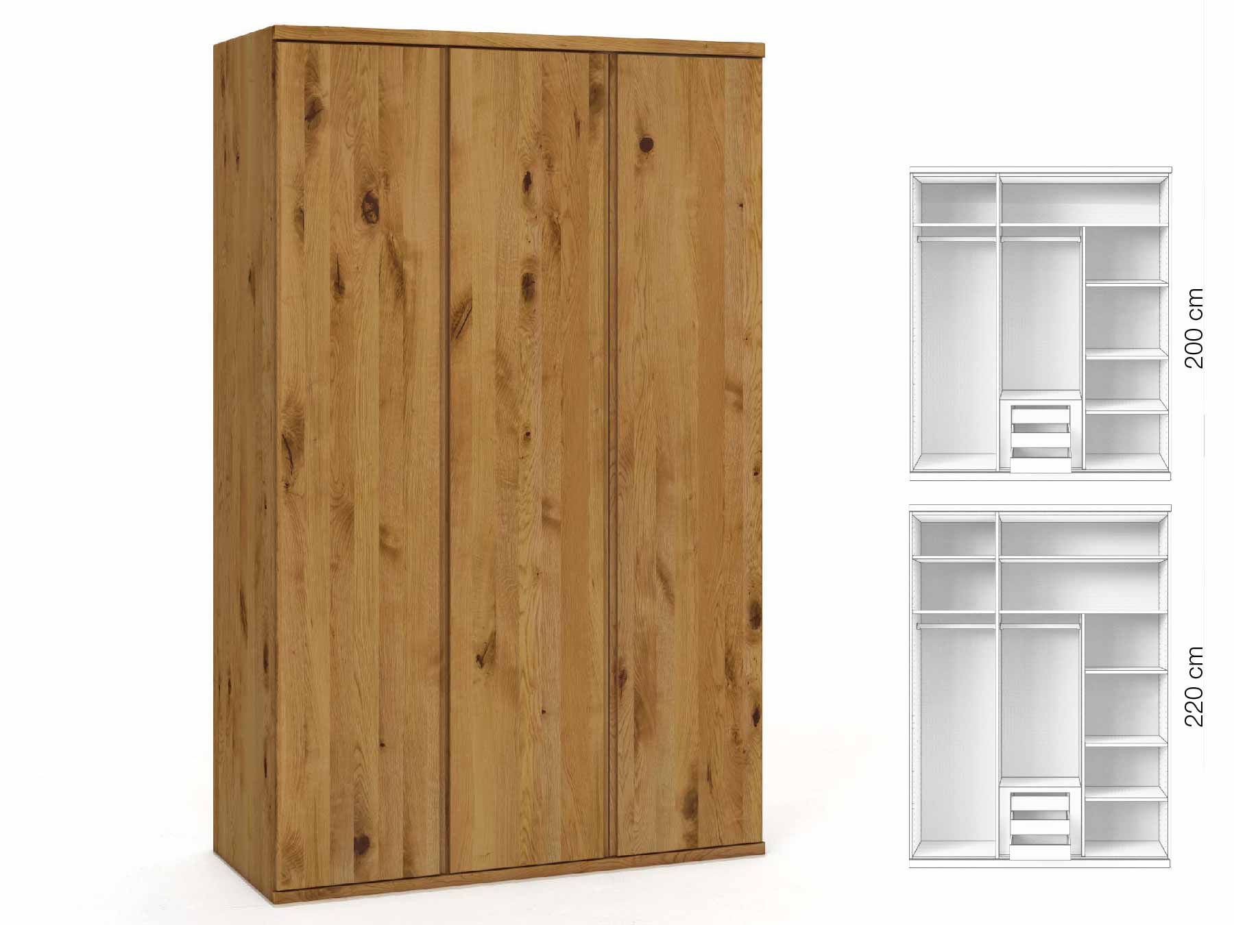Wildeichenschrank „Valentin“, 3-türig, Höhe 220 cm, Griffausführung „Patrizia“, Inneneinrichtung: D