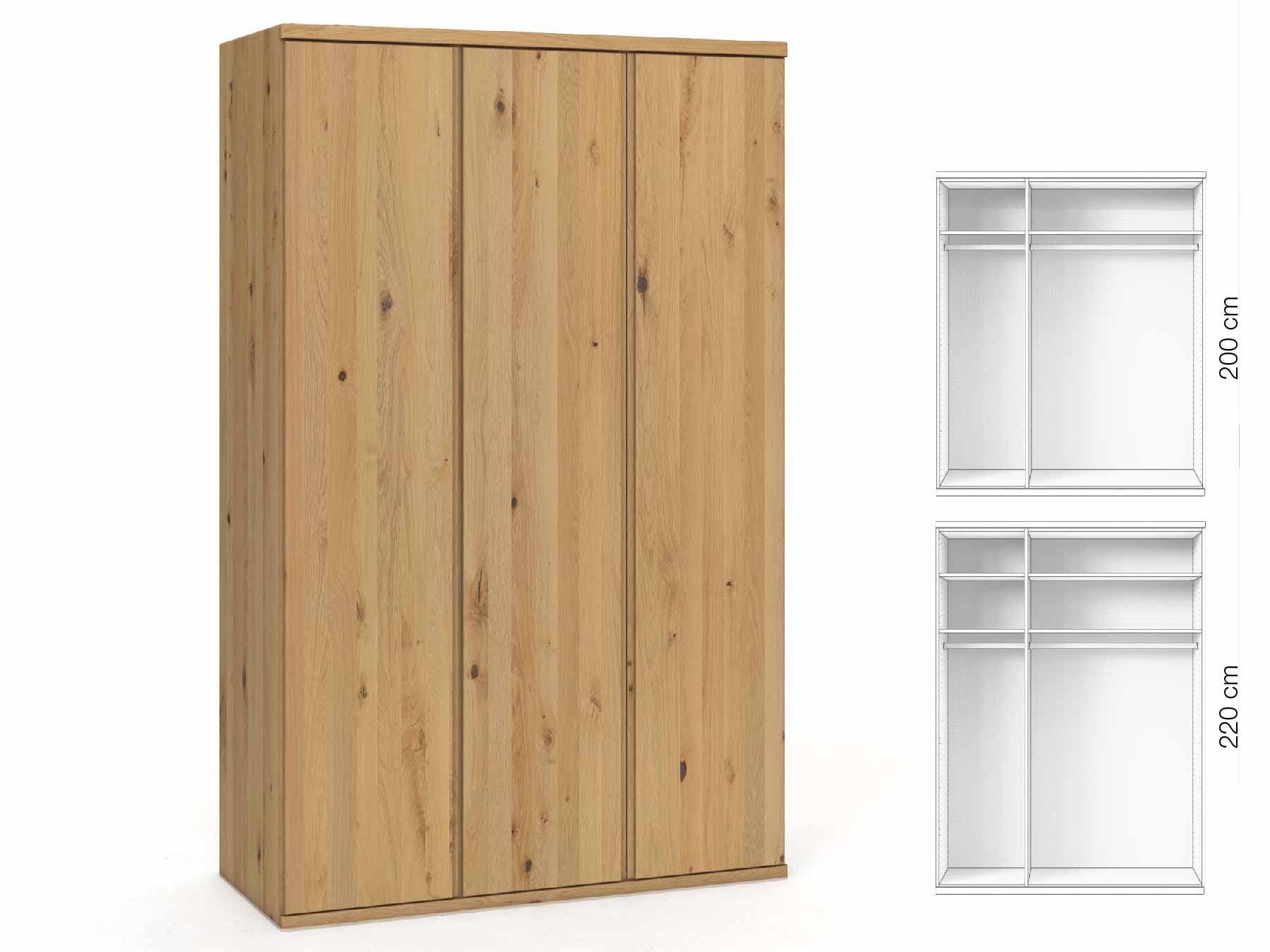 Wildeichenschrank Hell „Valentin“, 3-türig, Höhe 220 cm, Griffausführung „Patrizia“, Inneneinrichtung: A