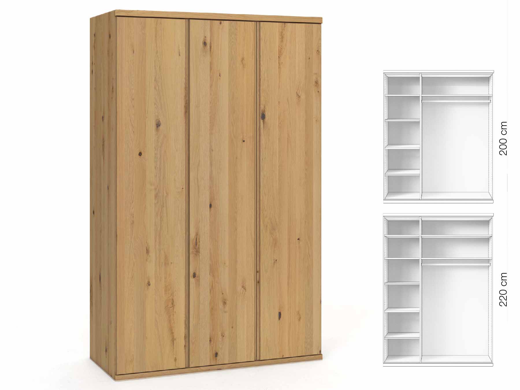 Wildeichenschrank Hell „Valentin“, 3-türig, Höhe 220 cm, Griffausführung „Patrizia“, Inneneinrichtung: B