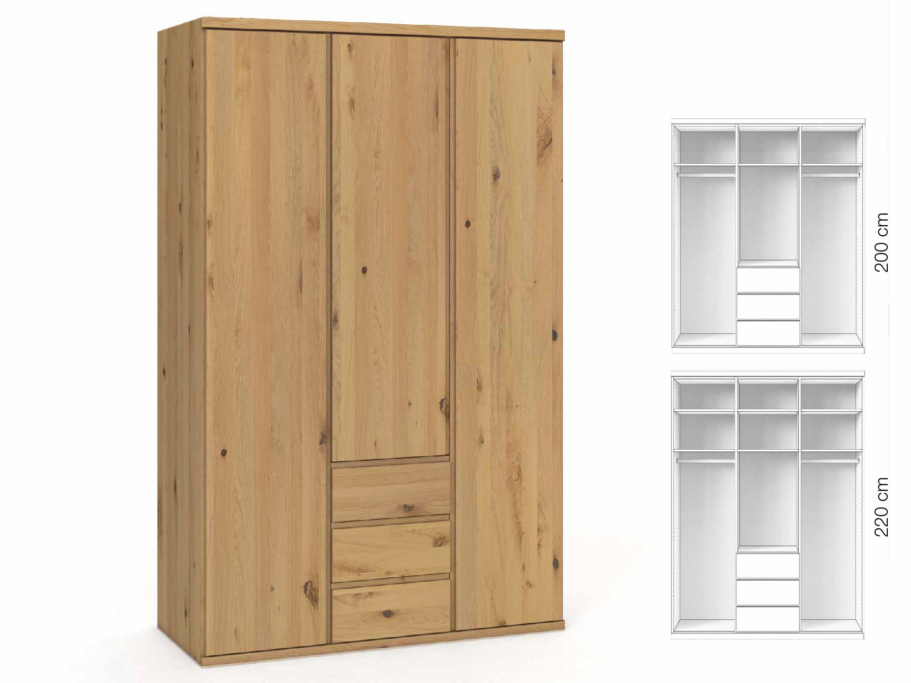 Wildeichenschrank Hell „Valentin“, 3-türig, Höhe 220 cm, Griffausführung „Patrizia“, Inneneinrichtung: E