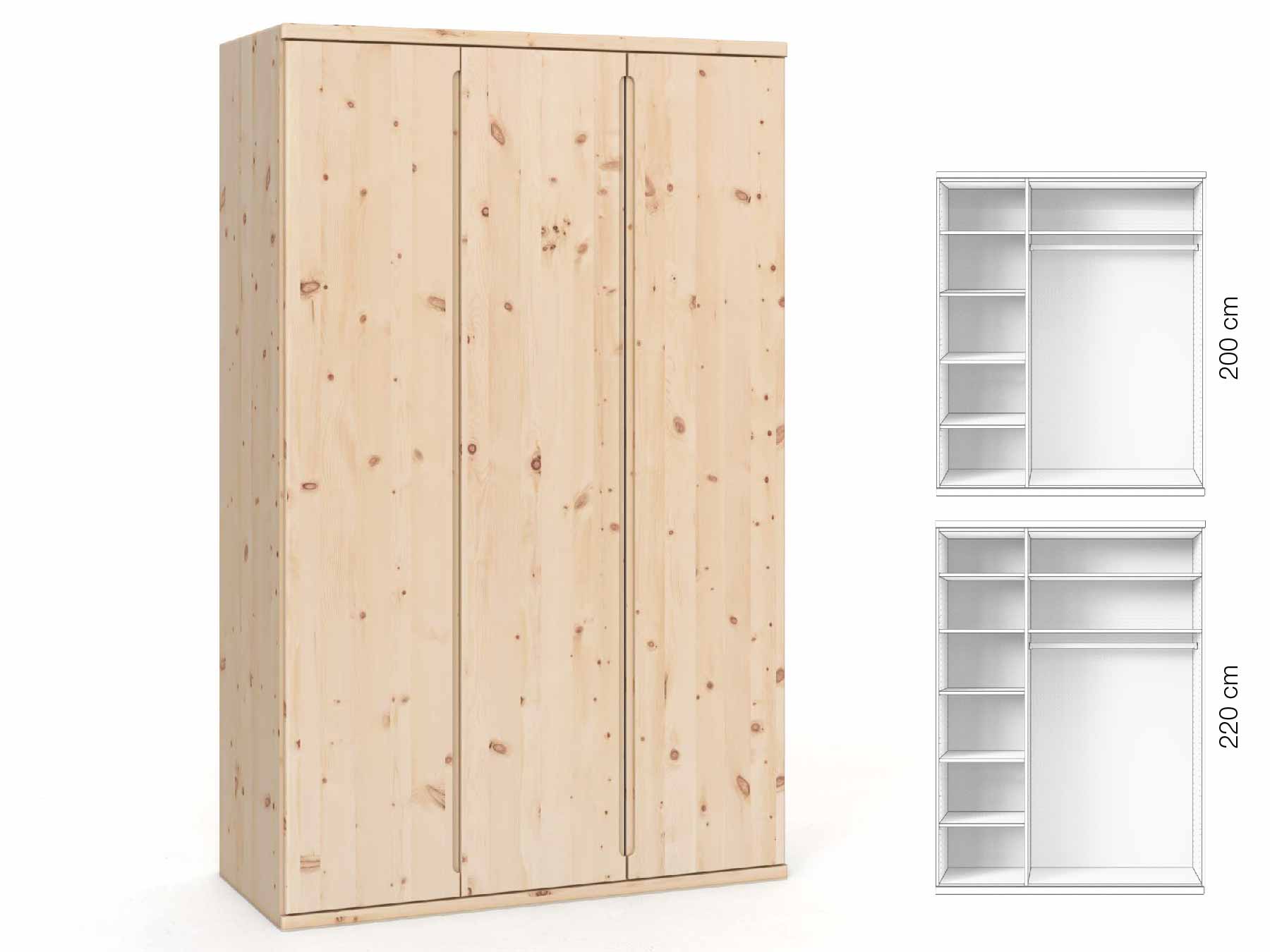 Zirbenschrank „Valentin“, 3-türig, Höhe 220 cm, Griffausführung „Lukas“, Inneneinrichtung: B