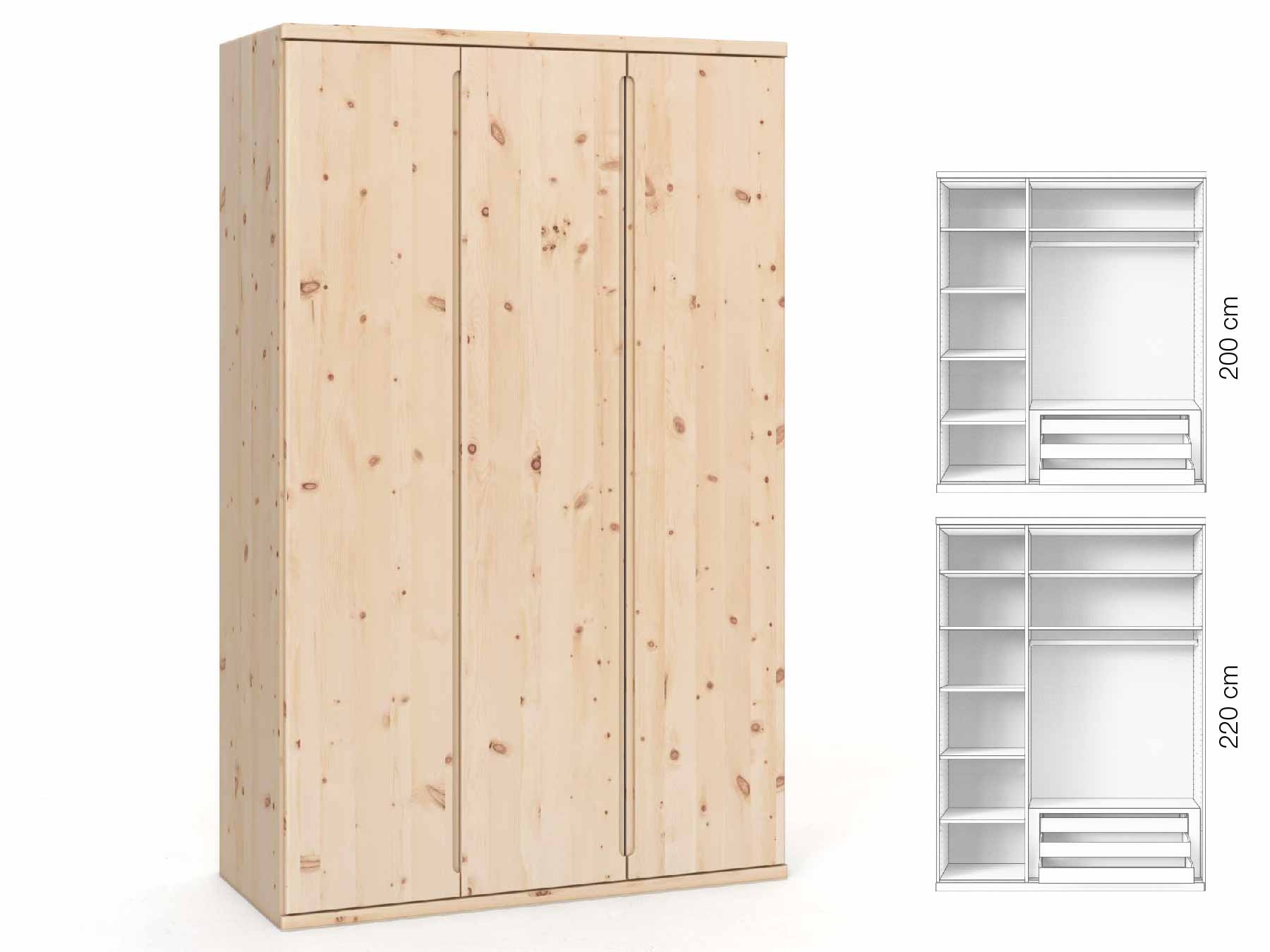 Zirbenschrank „Valentin“, 3-türig, Höhe 220 cm, Griffausführung „Lukas“, Inneneinrichtung: C