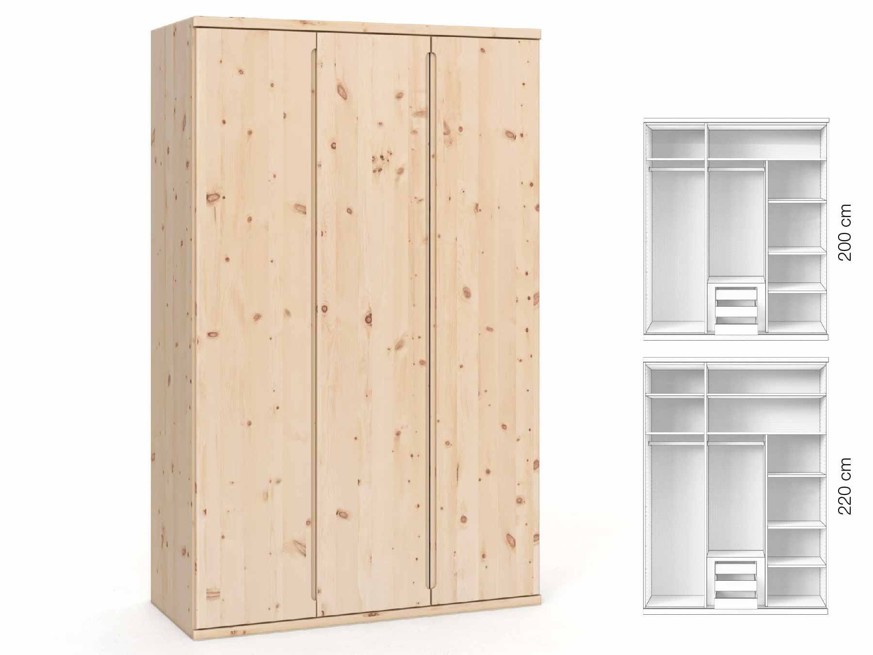 Zirbenschrank „Valentin“, 3-türig, Höhe 220 cm, Griffausführung „Lukas“, Inneneinrichtung: D