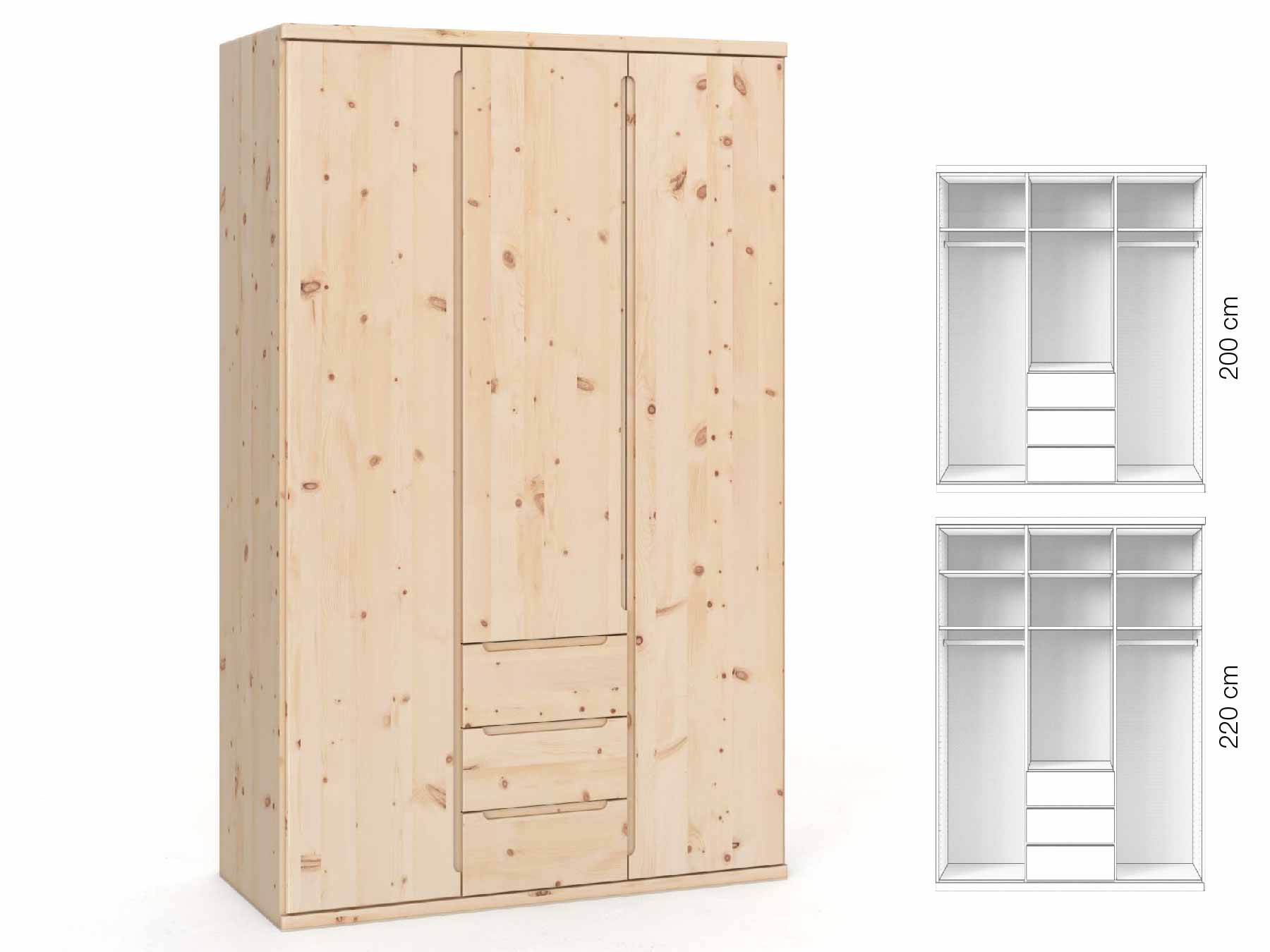 Zirbenschrank „Valentin“, 3-türig, Höhe 220 cm, Griffausführung „Lukas“, Inneneinrichtung: E
