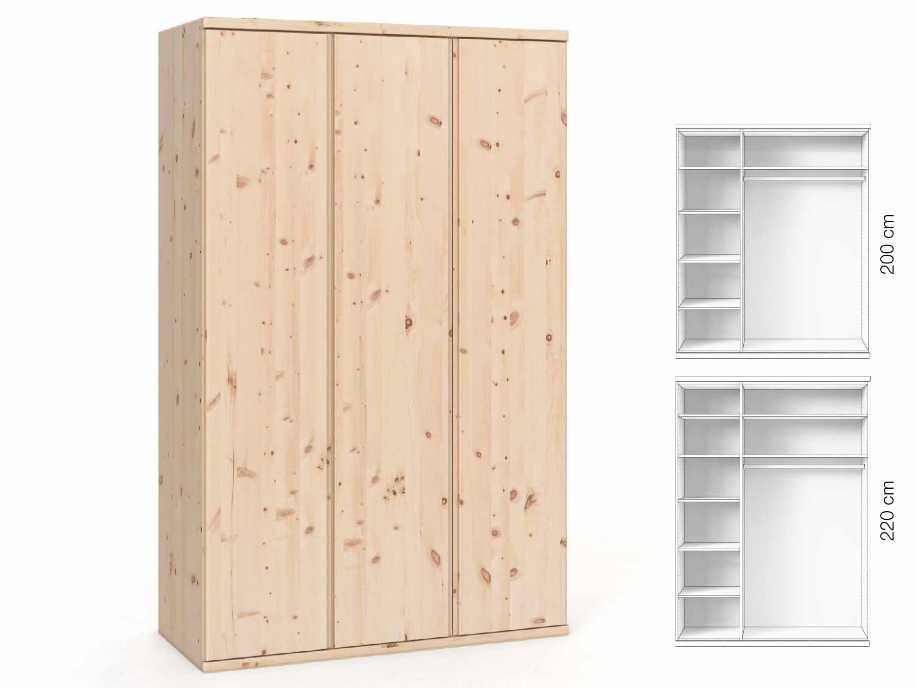 Zirbenschrank „Valentin“, 3-türig, Höhe 220 cm, Griffausführung „Patrizia“, Inneneinrichtung: B