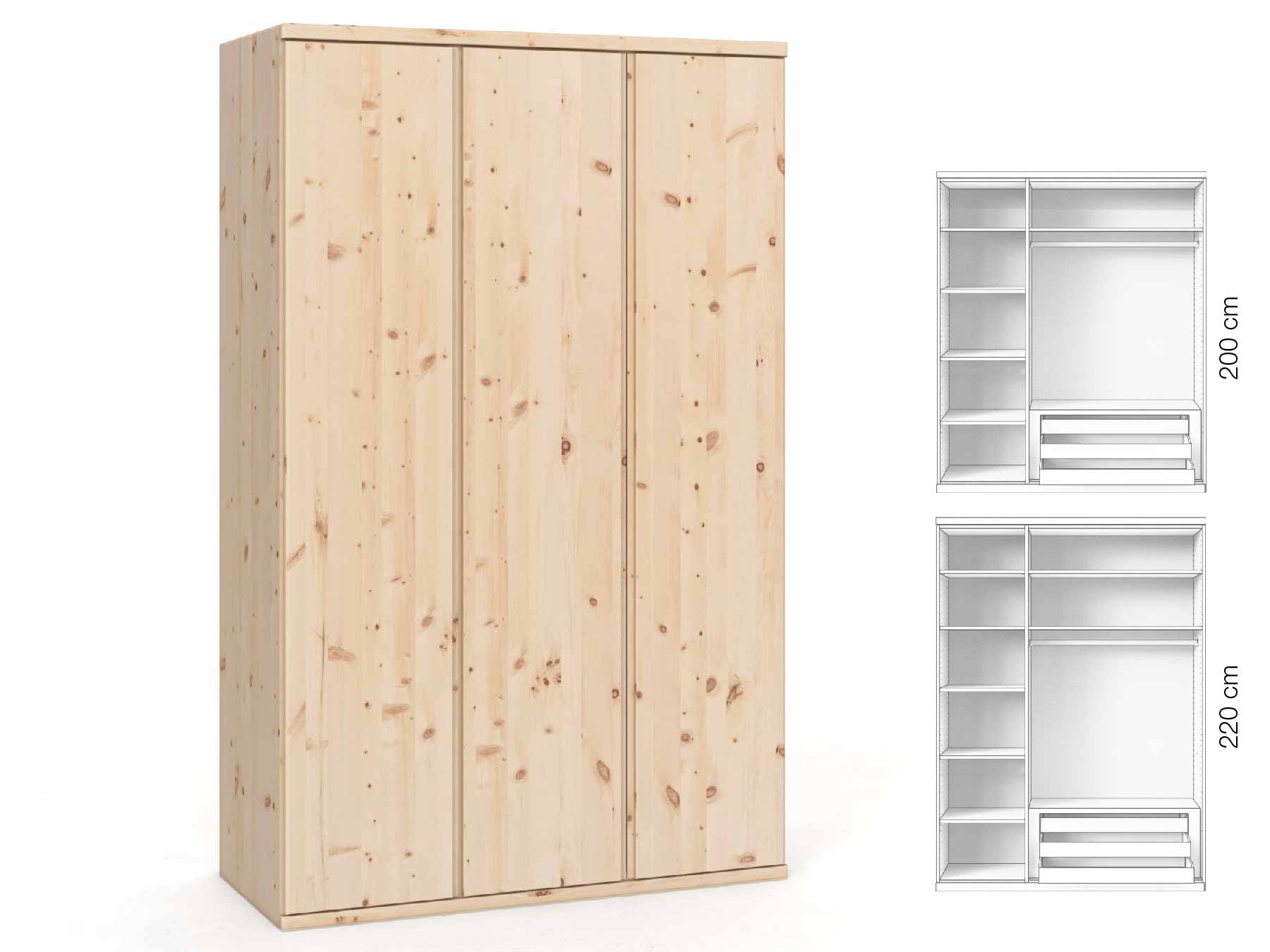 Zirbenschrank „Valentin“, 3-türig, Höhe 220 cm, Griffausführung „Patrizia“, Inneneinrichtung: C