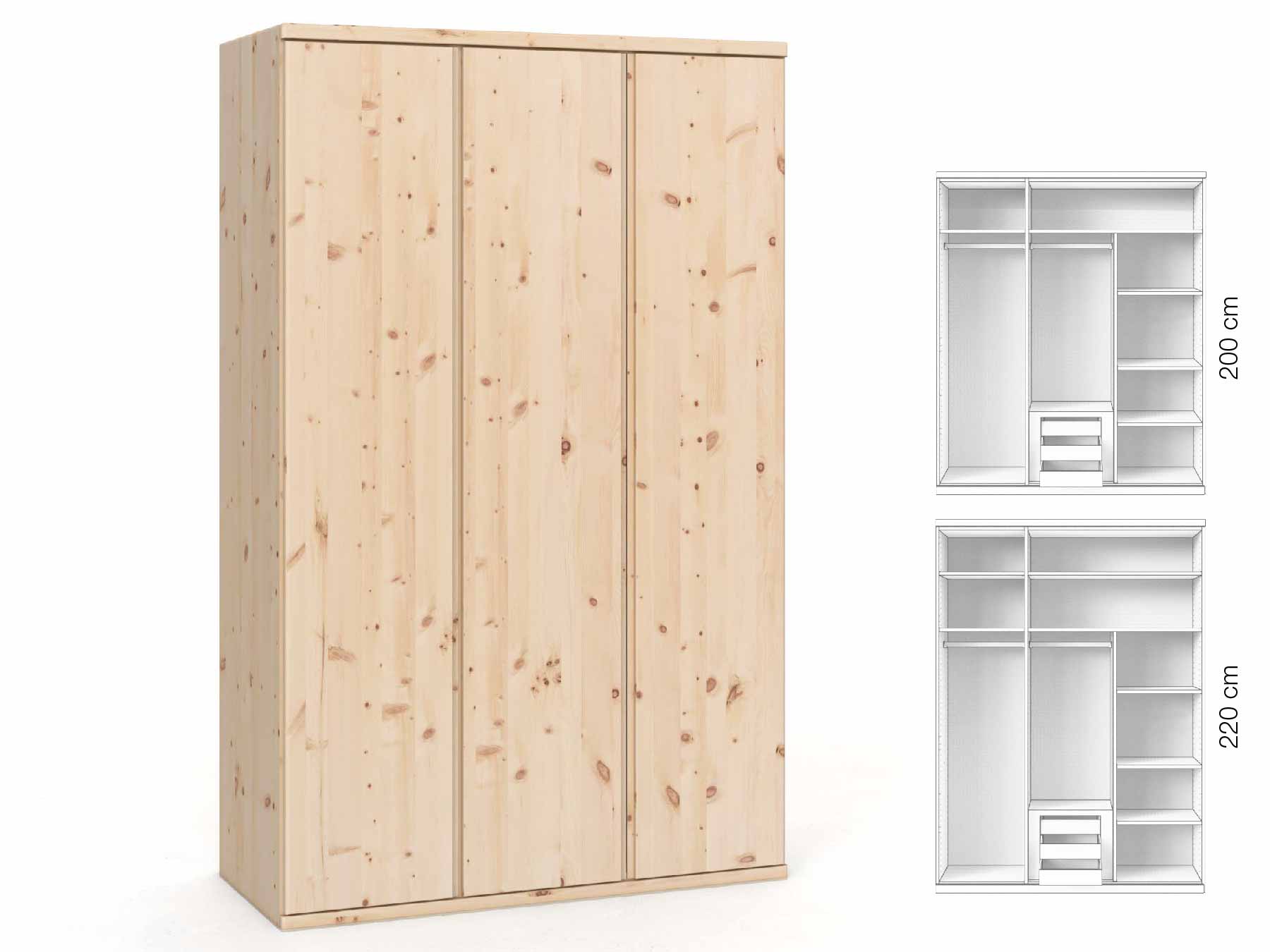 Zirbenschrank „Valentin“, 3-türig, Höhe 220 cm, Griffausführung „Patrizia“, Inneneinrichtung: D