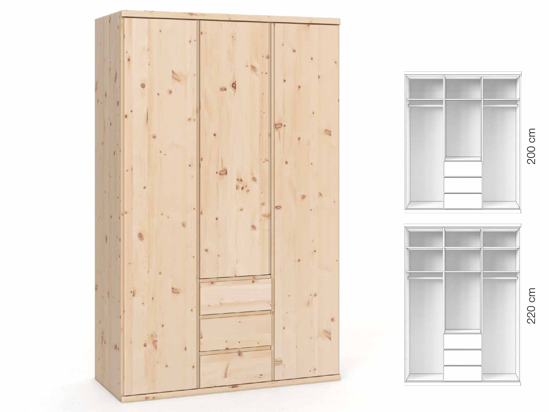 Zirbenschrank „Valentin“, 3-türig, Höhe 220 cm, Griffausführung „Patrizia“, Inneneinrichtung: E