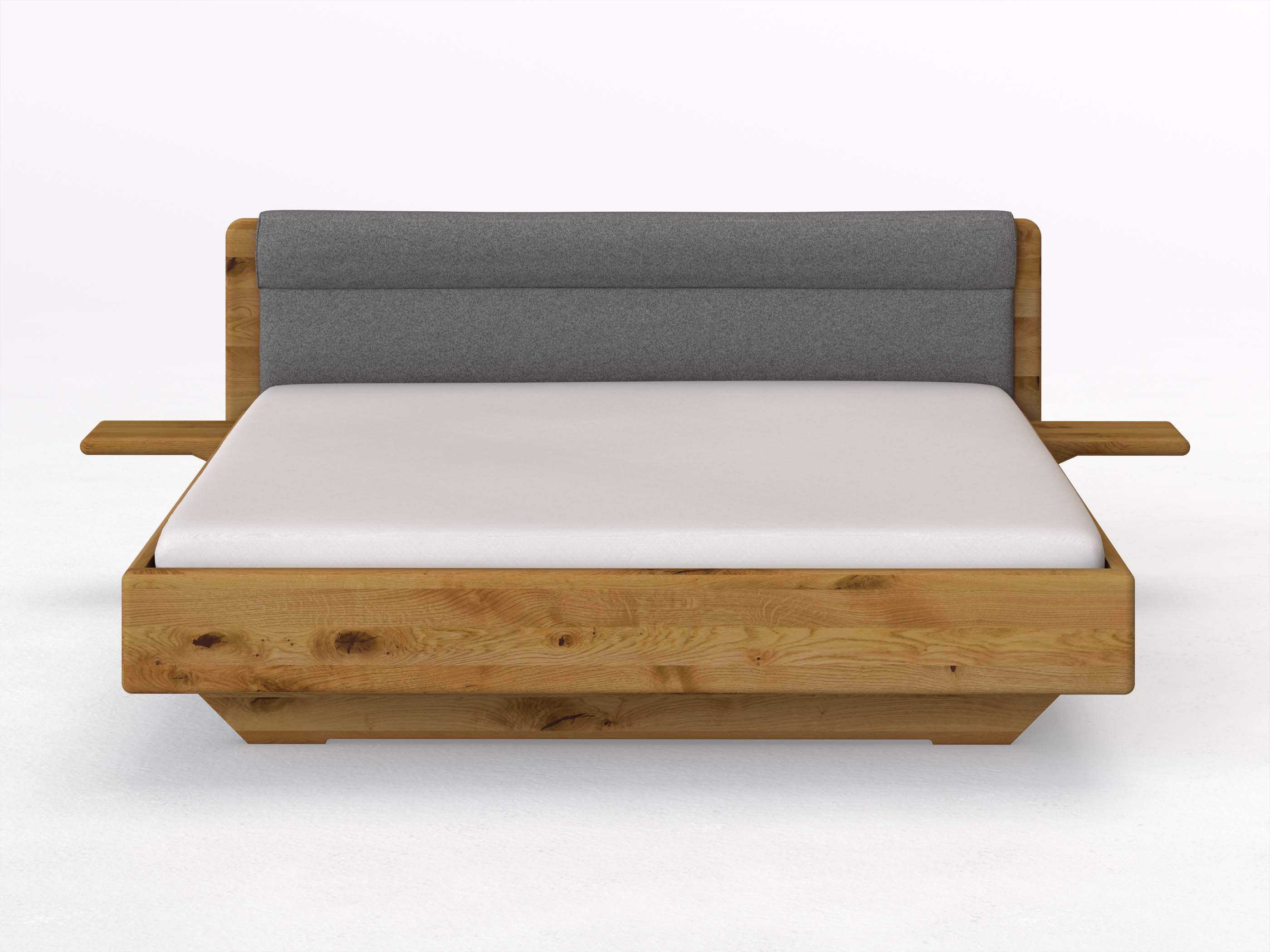 Wildeichenbett „Valentina“ in 180 x 200 cm mit 2 Ablagen und Stoffkopfteil - Stoff: Schafschurwolle „Fischgrät“ in der Farbe Grauer Mohn