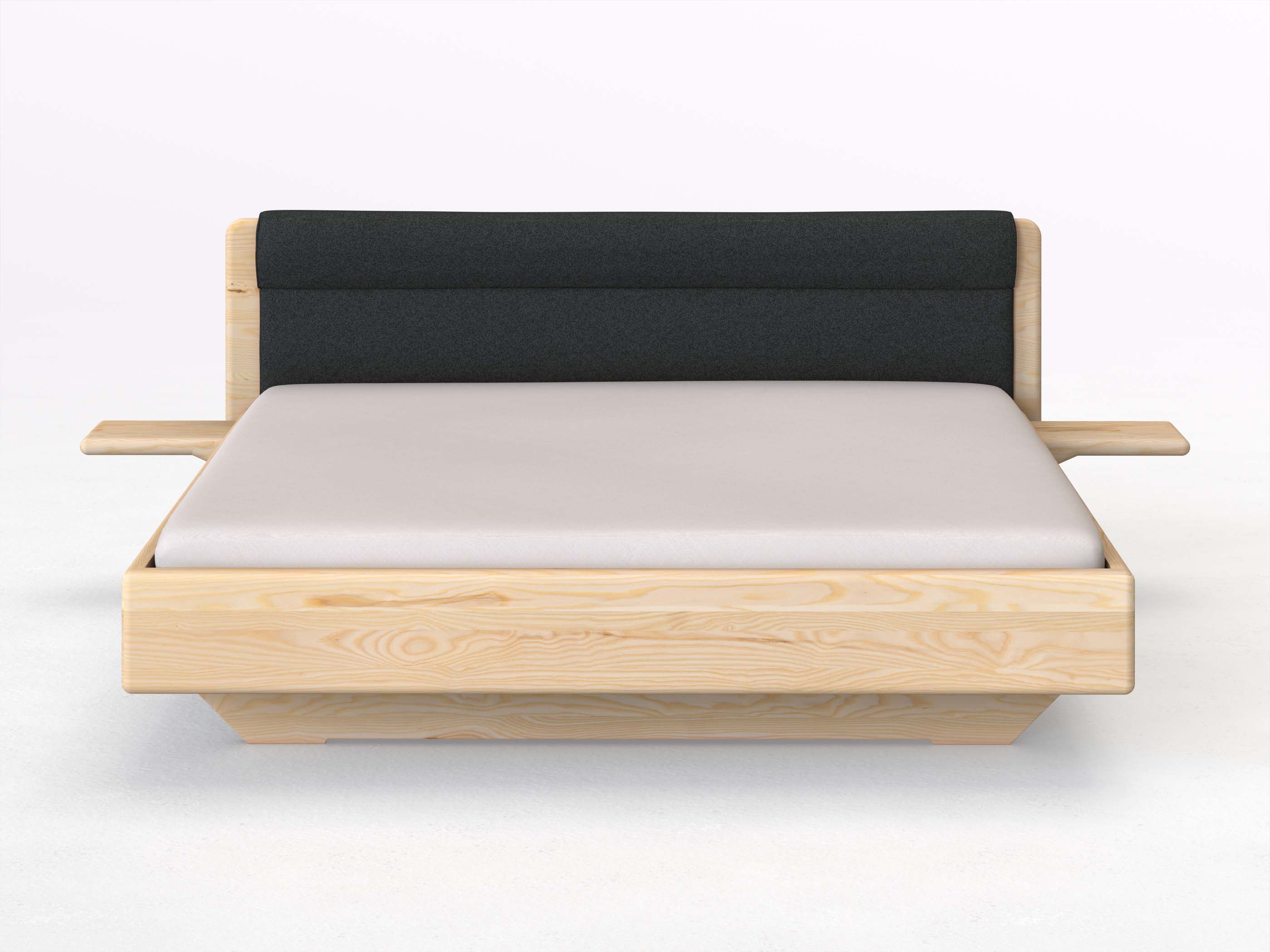Eschenbett „Valentina“ in 180 x 200 cm mit 2 Ablagen und Stoffkopfteil - Stoff: Schafschurwolle „Fischgrät“ in der Farbe Wacholderbeere