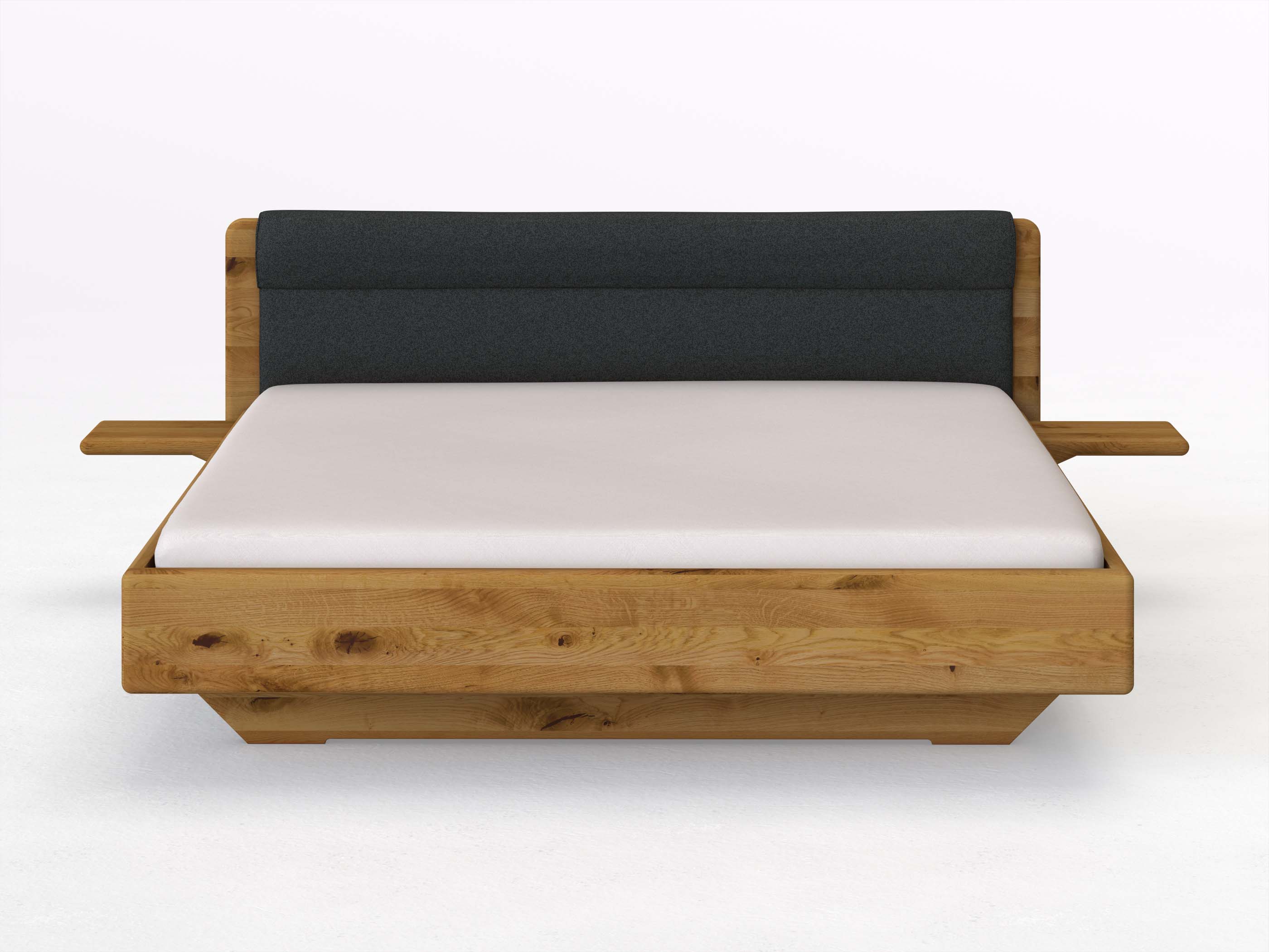 Wildeichenbett „Valentina“ in 180 x 200 cm mit 2 Ablagen und Stoffkopfteil - Stoff: Schafschurwolle „Fischgrät“ in der Farbe Wacholderbeere