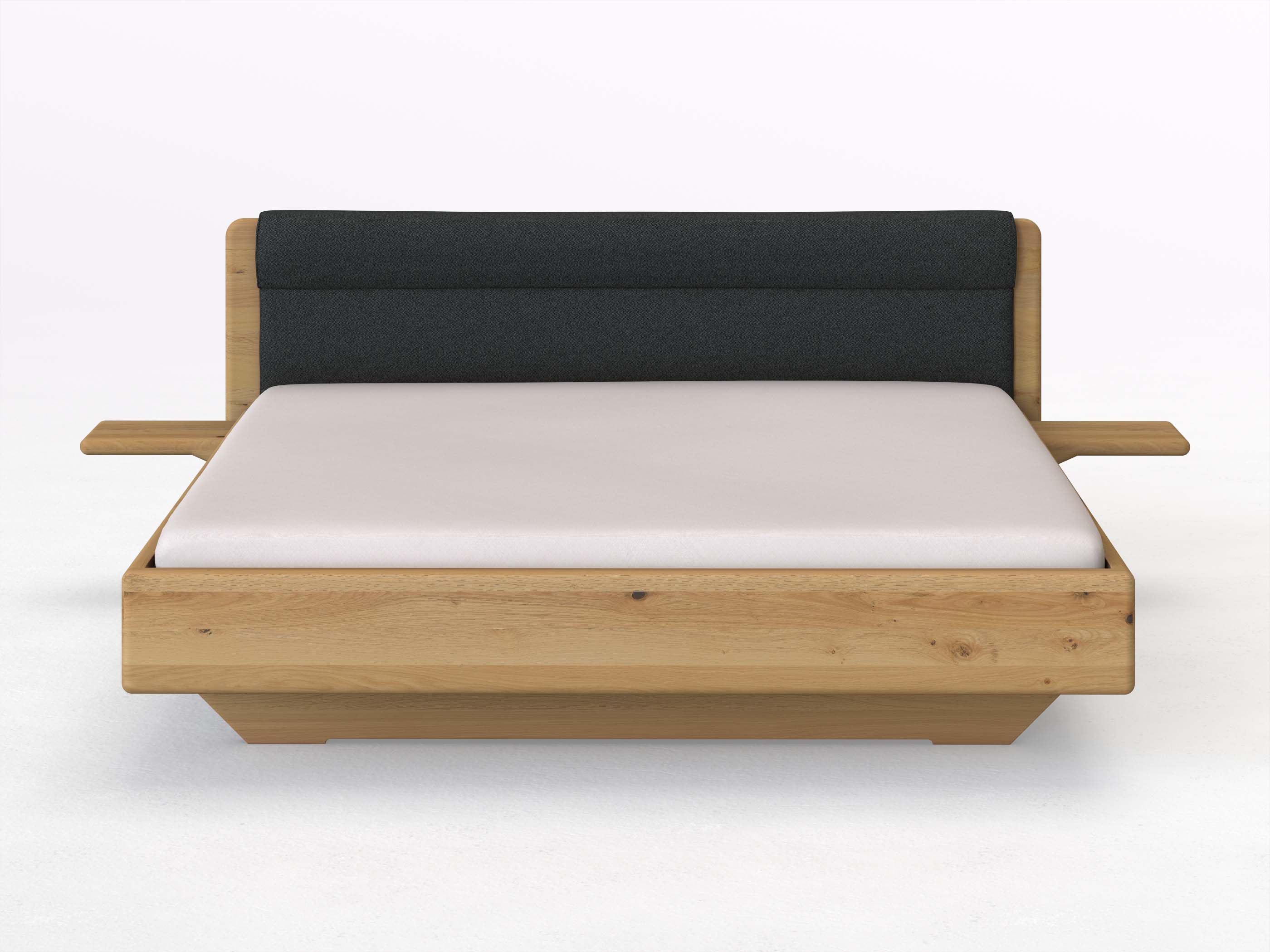 Wildeichenbett Hell „Valentina“ in 180 x 200 cm mit 2 Ablagen und Stoffkopfteil - Stoff: Schafschurwolle „Fischgrät“ in der Farbe Wacholderbeere
