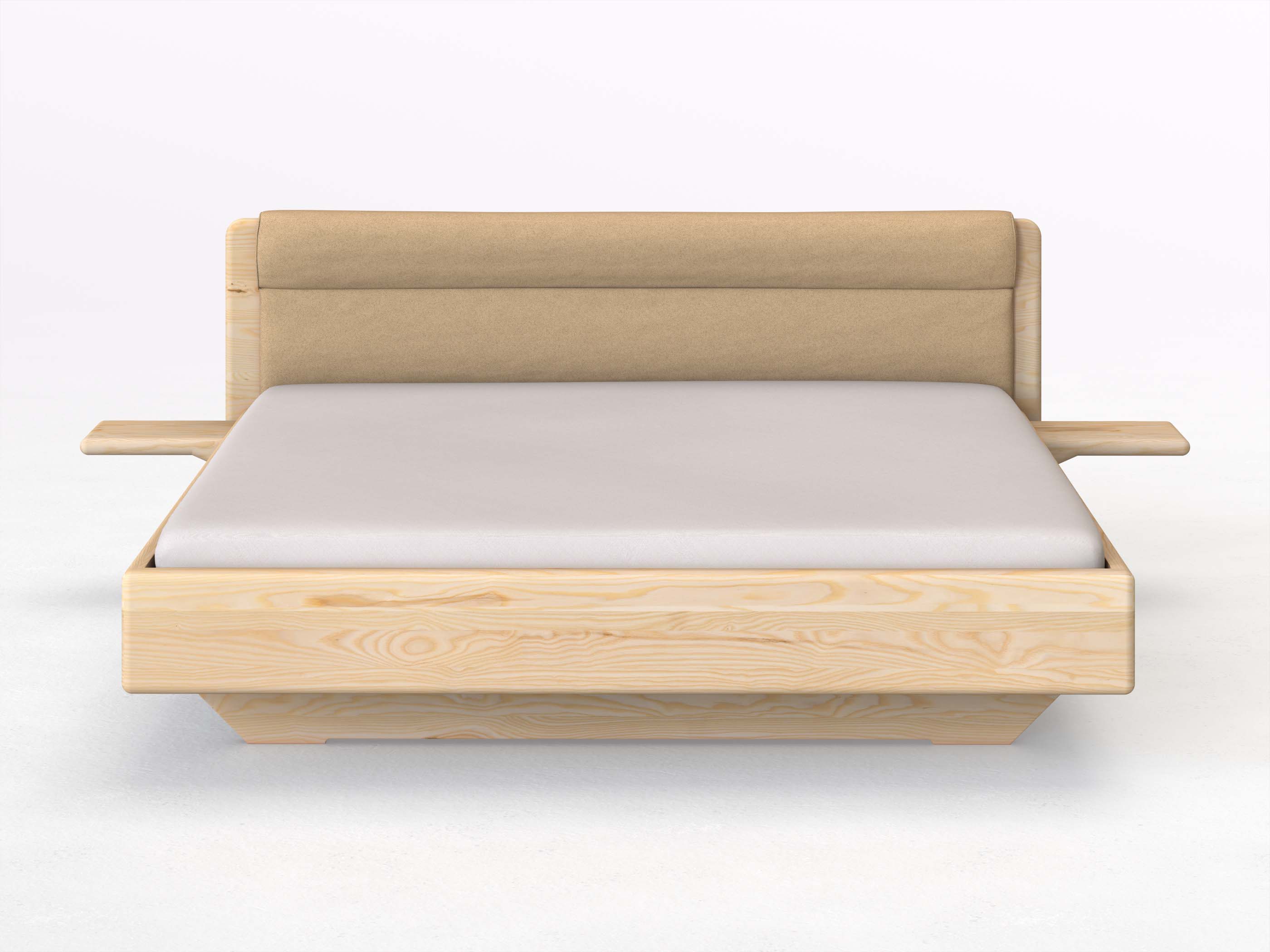 Eschenbett „Valentina“ in 180 x 200 cm mit 2 Ablagen und Stoffkopfteil - Stoff: Schafschurwolle „Fischgrät“ in der Farbe Goldhirse