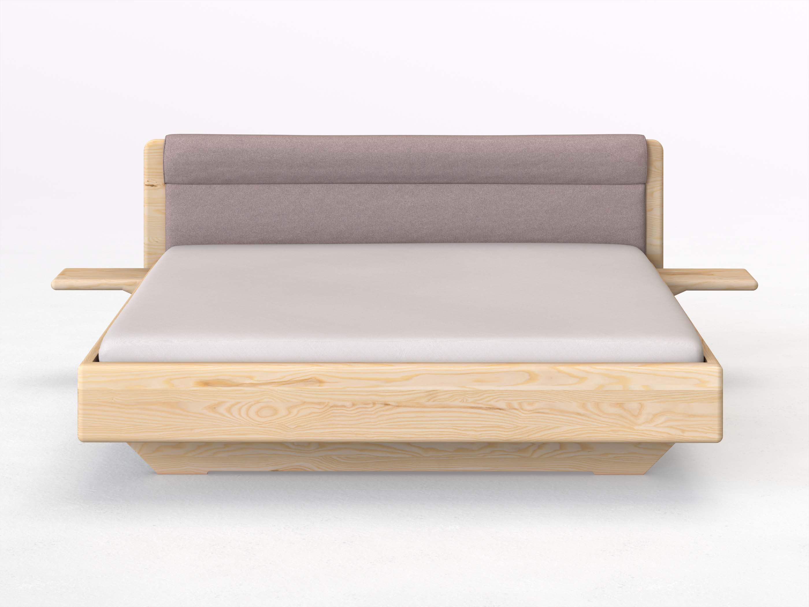 Eschenbett „Valentina“ in 180 x 200 cm mit 2 Ablagen und Stoffkopfteil - Stoff: Schafschurwolle „Fischgrät“ in der Farbe Zartflieder