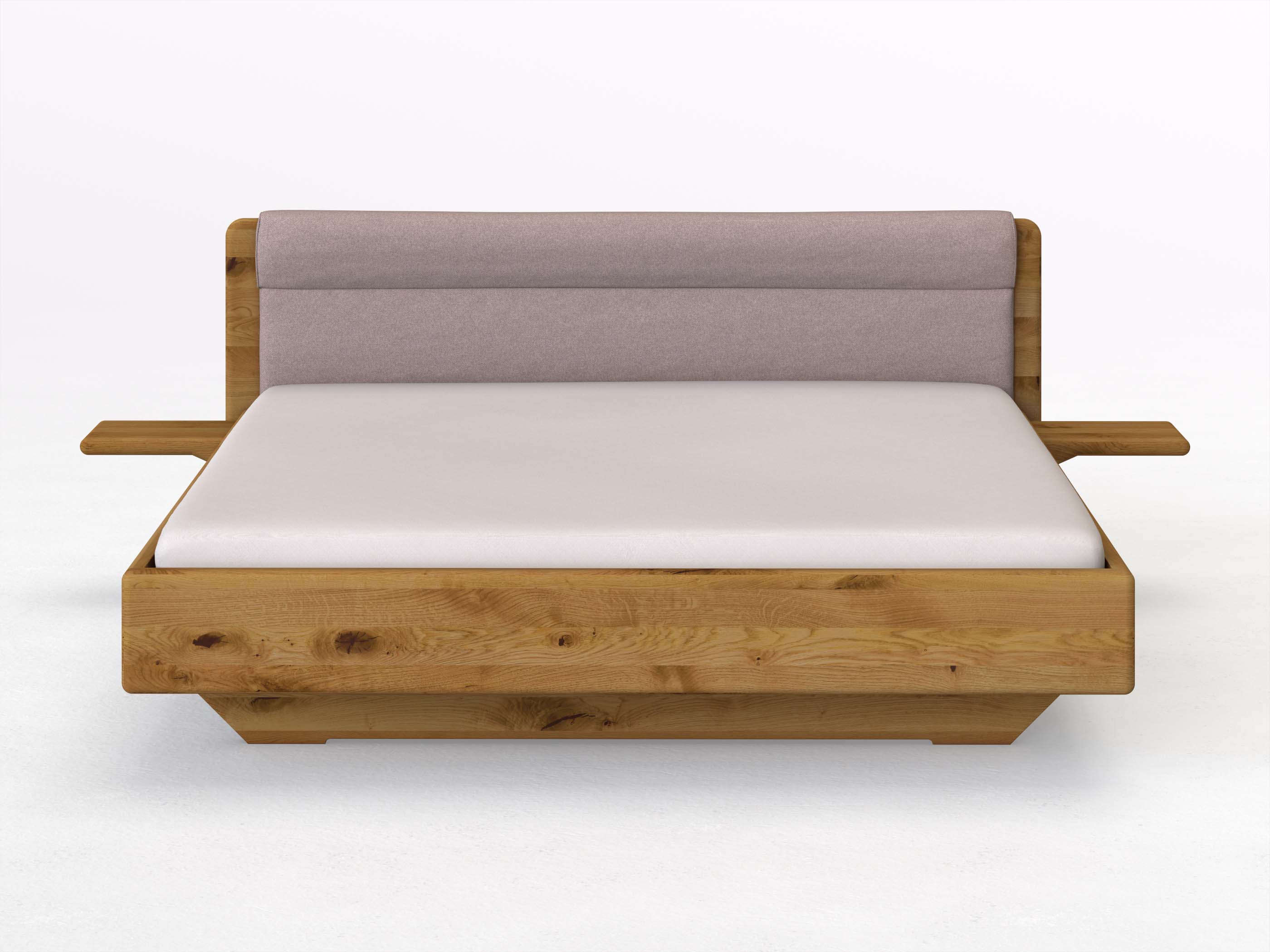Wildeichenbett „Valentina“ in 180 x 200 cm mit 2 Ablagen und Stoffkopfteil - Stoff: Schafschurwolle „Fischgrät“ in der Farbe Zartflieder