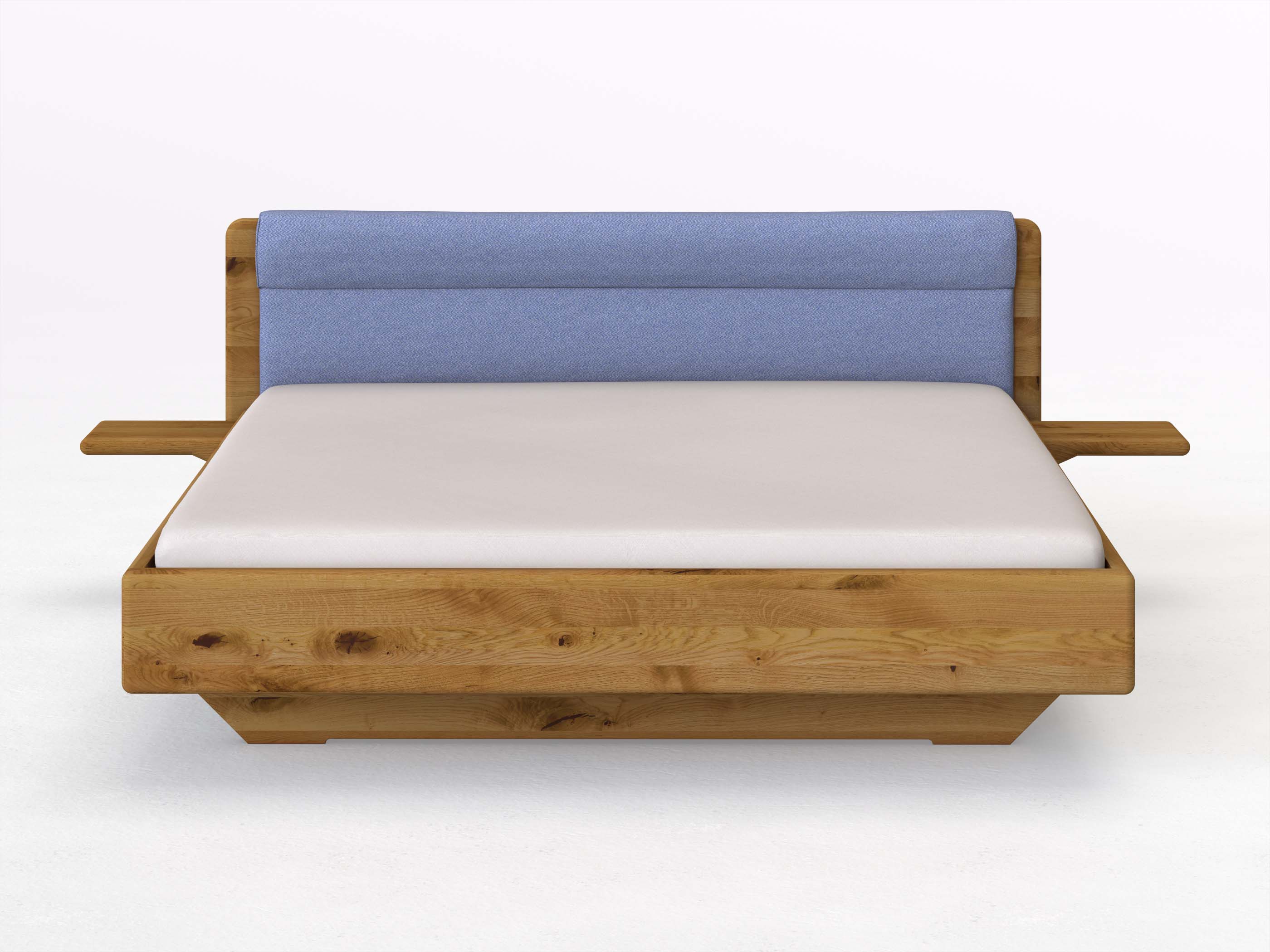 Wildeichenbett „Valentina“ in 180 x 200 cm mit 2 Ablagen und Stoffkopfteil - Stoff: Schafschurwolle „Fischgrät“ in der Farbe Kornblume