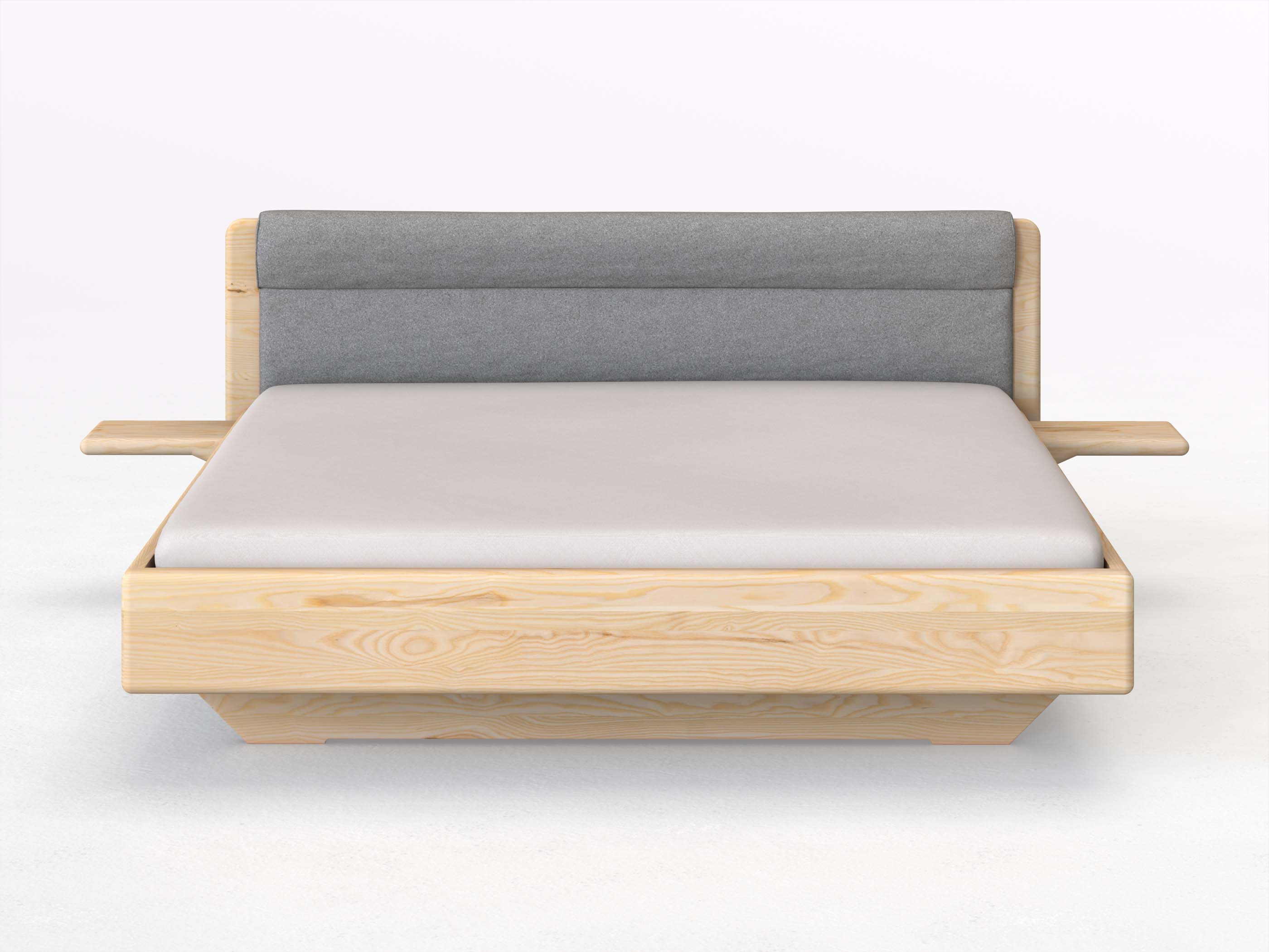 Eschenbett „Valentina“ in 180 x 200 cm mit 2 Ablagen und Stoffkopfteil - Stoff: Schafschurwolle „Loden“ in der Farbe Nebelgrau