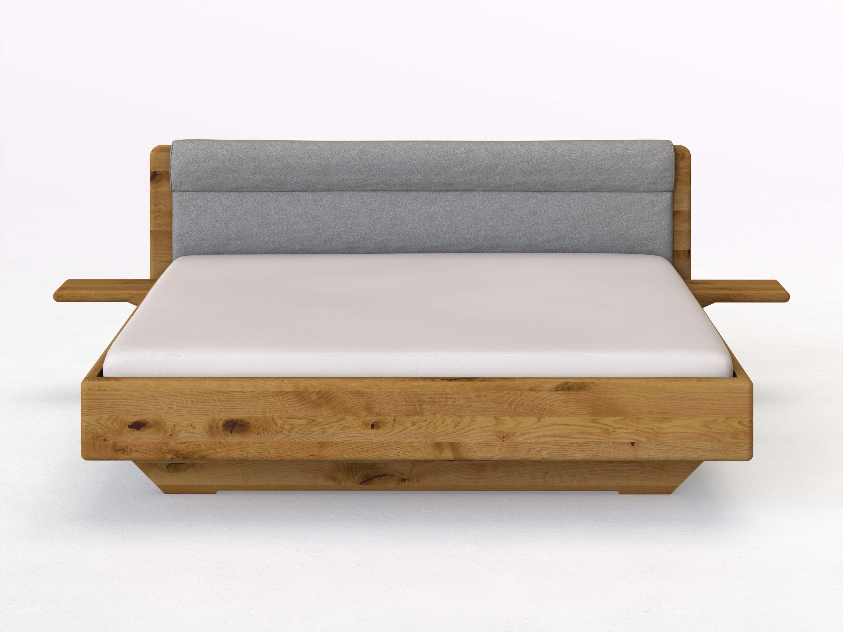 Wildeichenbett „Valentina“ in 180 x 200 cm mit 2 Ablagen und Stoffkopfteil - Stoff: Schafschurwolle „Loden“ in der Farbe Nebelgrau