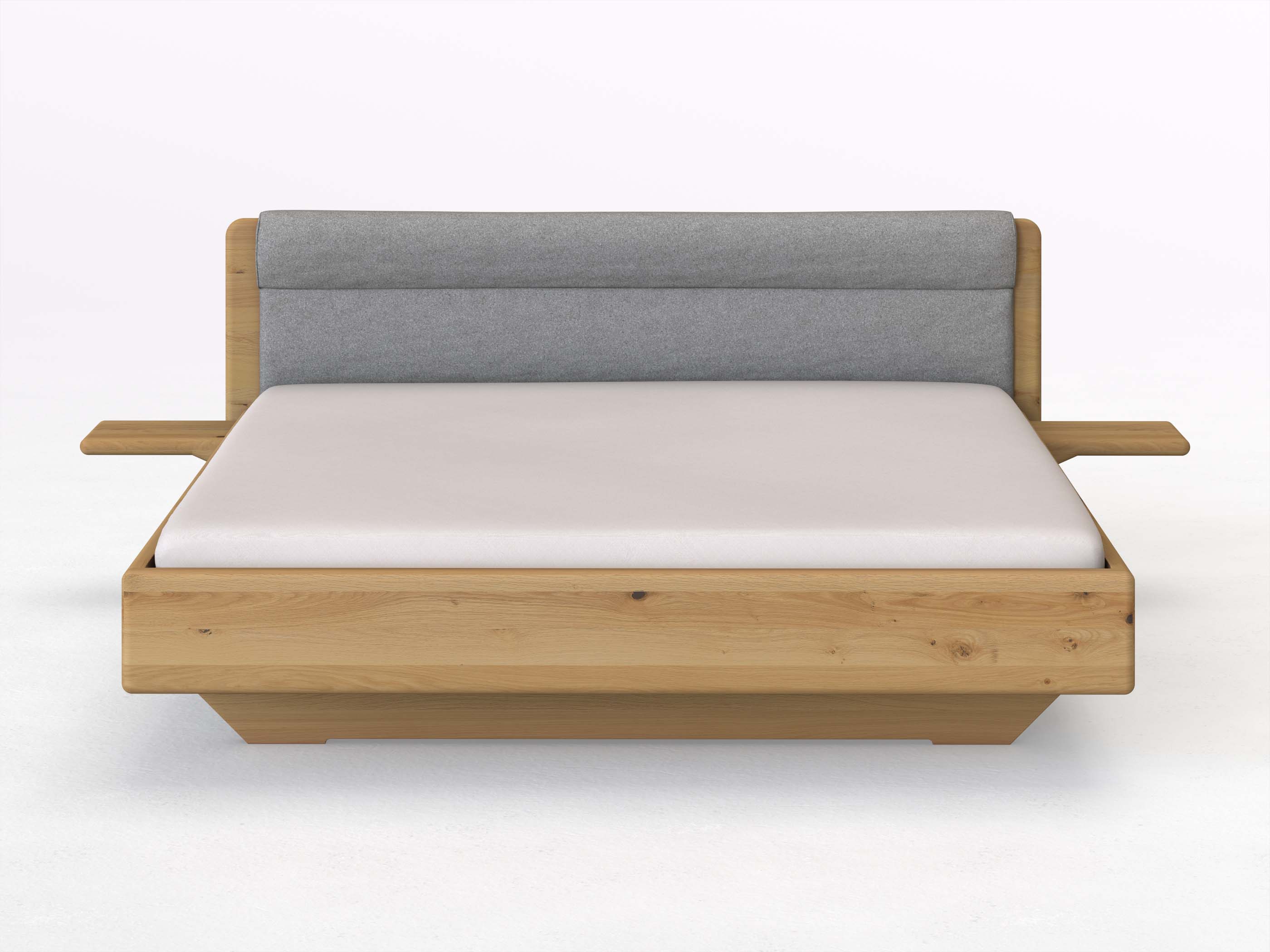 Wildeichenbett Hell „Valentina“ in 180 x 200 cm mit 2 Ablagen und Stoffkopfteil - Stoff: Schafschurwolle „Loden“ in der Farbe Nebelgrau