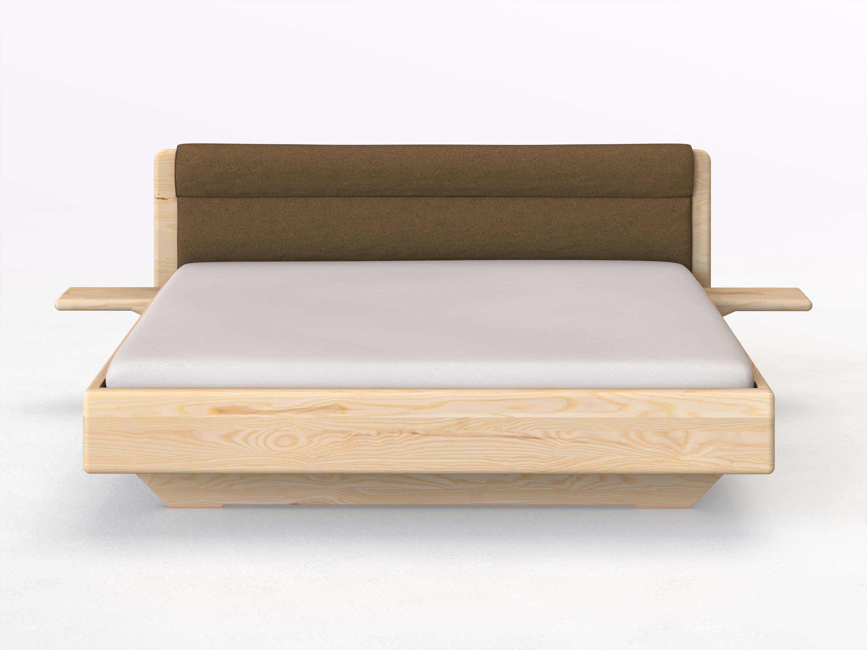 Eschenbett „Valentina“ in 180 x 200 cm mit 2 Ablagen und Stoffkopfteil - Stoff: Schafschurwolle „Loden“ in der Farbe Zimtrinde