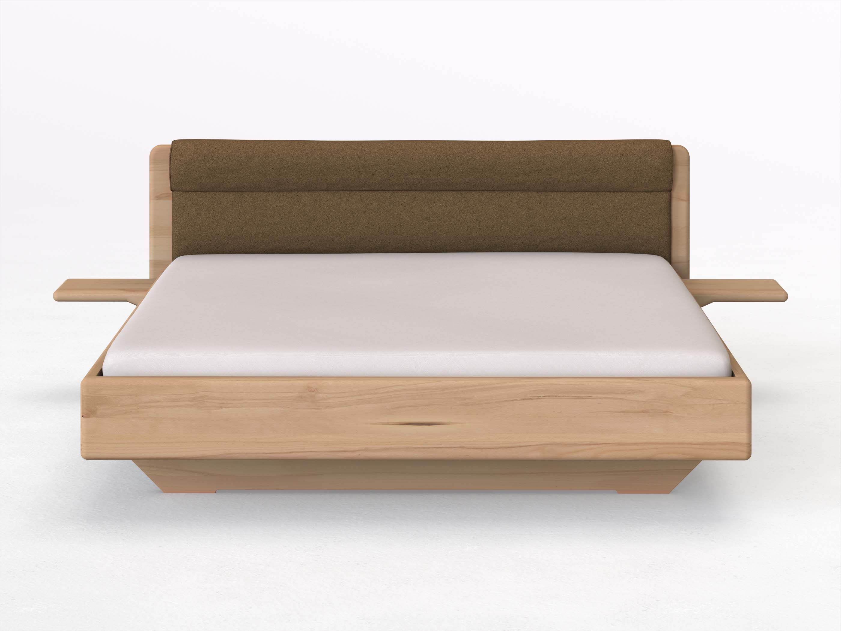 Buchenbett „Valentina“ in 180 x 200 cm mit 2 Ablagen und Stoffkopfteil - Stoff: Schafschurwolle „Loden“ in der Farbe Zimtrinde