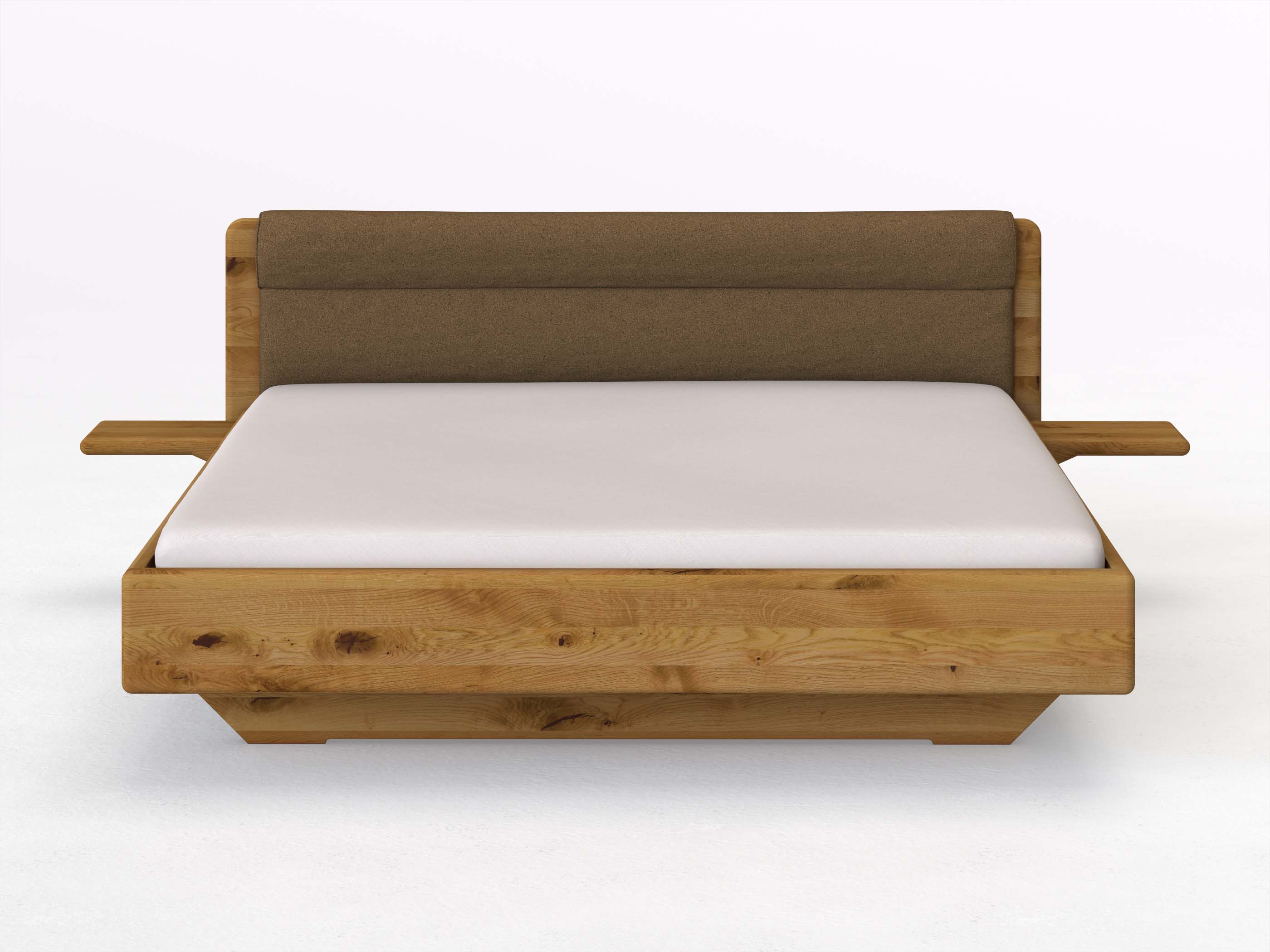 Wildeichenbett „Valentina“ in 180 x 200 cm mit 2 Ablagen und Stoffkopfteil - Stoff: Schafschurwolle „Loden“ in der Farbe Zimtrinde